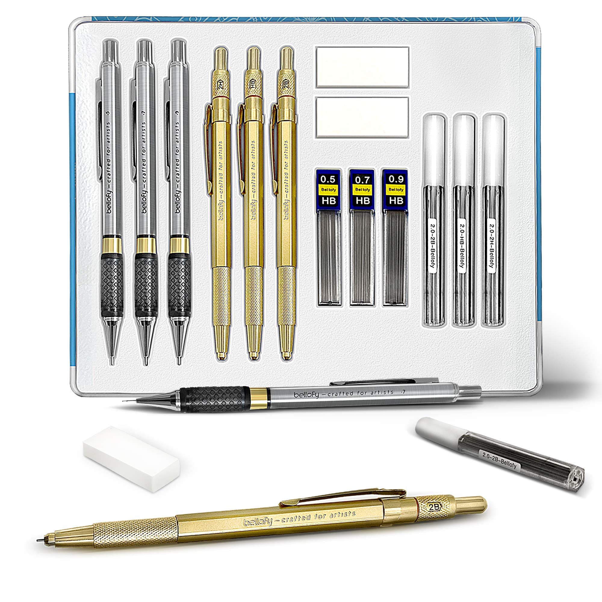 Mechanical Pencils Set for Drafting, Drawing, Writing - 14 Pieces 0.5, 0.7, 0.9mm Leads 2B, HB, 2H Graphite Lead Holders 2.0mm - Lead Refills - Erasers - Artist Sketching Mechanical Pencils