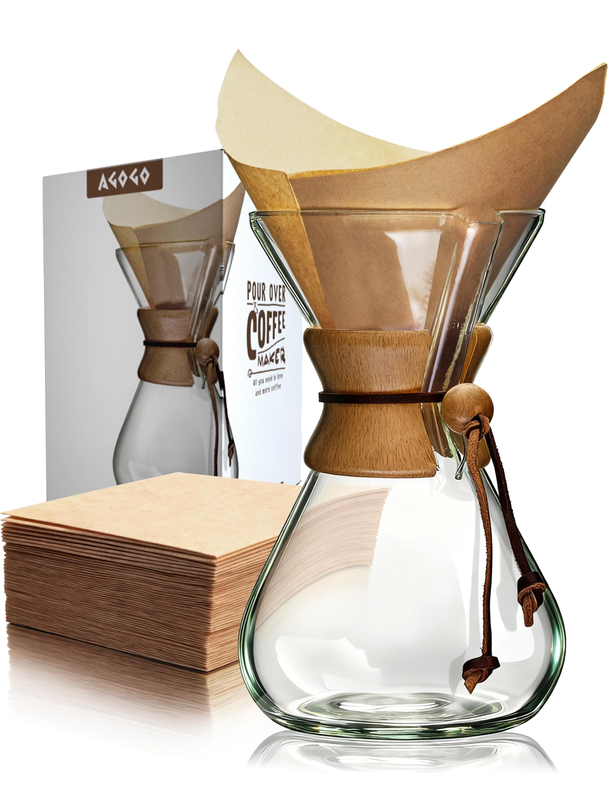 Pour Over Coffee Maker Set Glass Coffee Maker with 50pcs Filter Paper -for Home, Office, Camping, Cafes - Easy Clean Coffee Dripper Set (Rag&Brush Included)(10 Cup/34oz)
