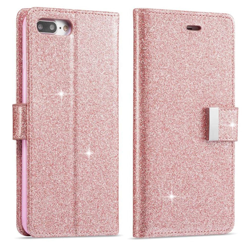 For iPhone 8 Plus Wallet Case, iPhone 7 Plus Leather Cover, Shiny Sparkle Glitter Bling PU Leather [Magnetic Closure][Metal Buckle] Flip Kickstand Wallet Case with 5 Card Slots-Rose Gold