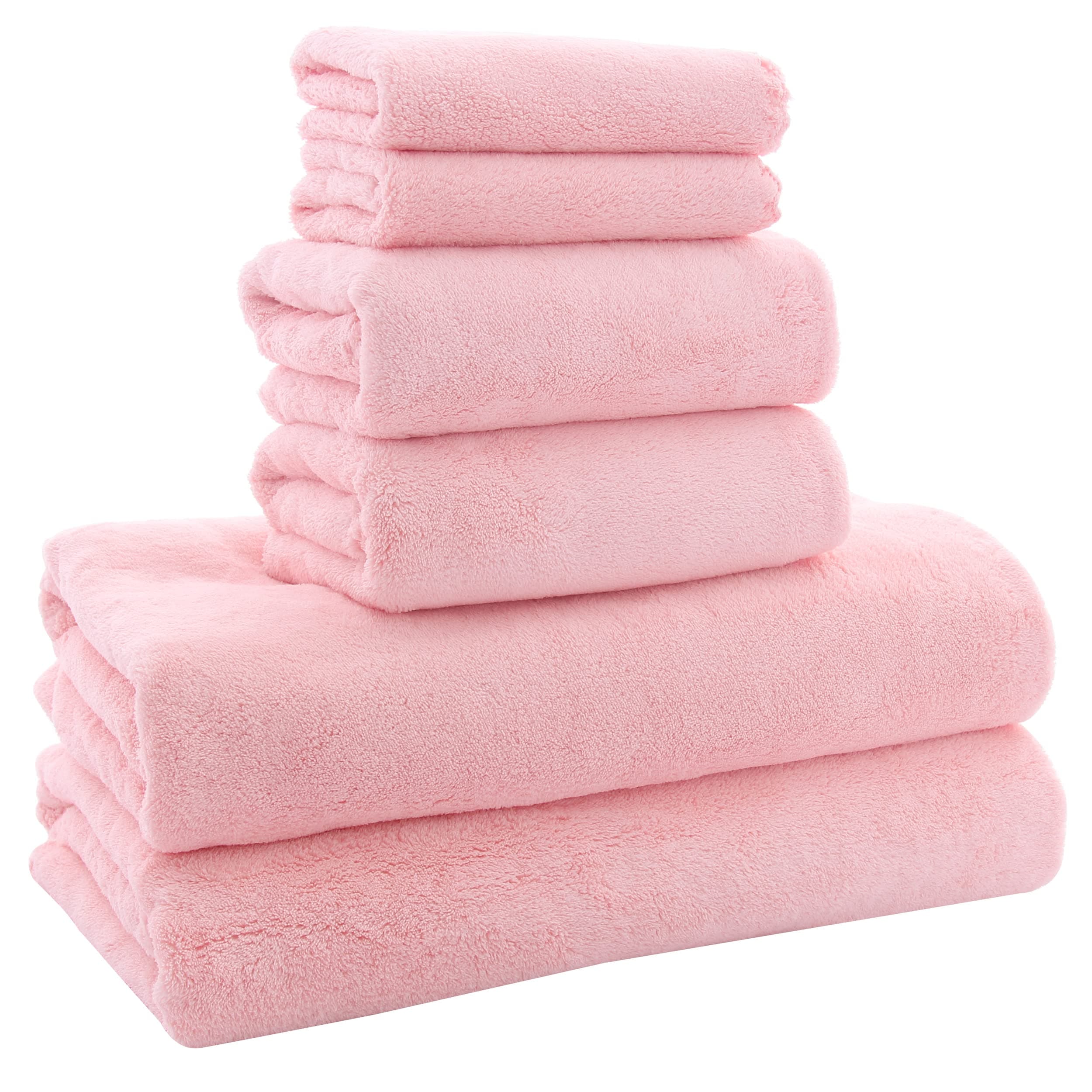 Ultra Soft Towel Set - Quick Drying - 2 Bath Towels 2 Hand Towels 2 Washcloths - Microfiber Coral Velvet Highly Absorbent Towel for Fitness, Bathroom, Sports, Yoga, Travel (Pink, 6 Pcs)