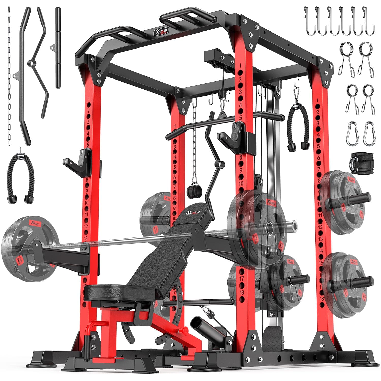 Power Cage Multi-Function Power Rack with Cable Crossover System,1800 LBS Capacity Squat Rack with Weight Bench,for Home Gym