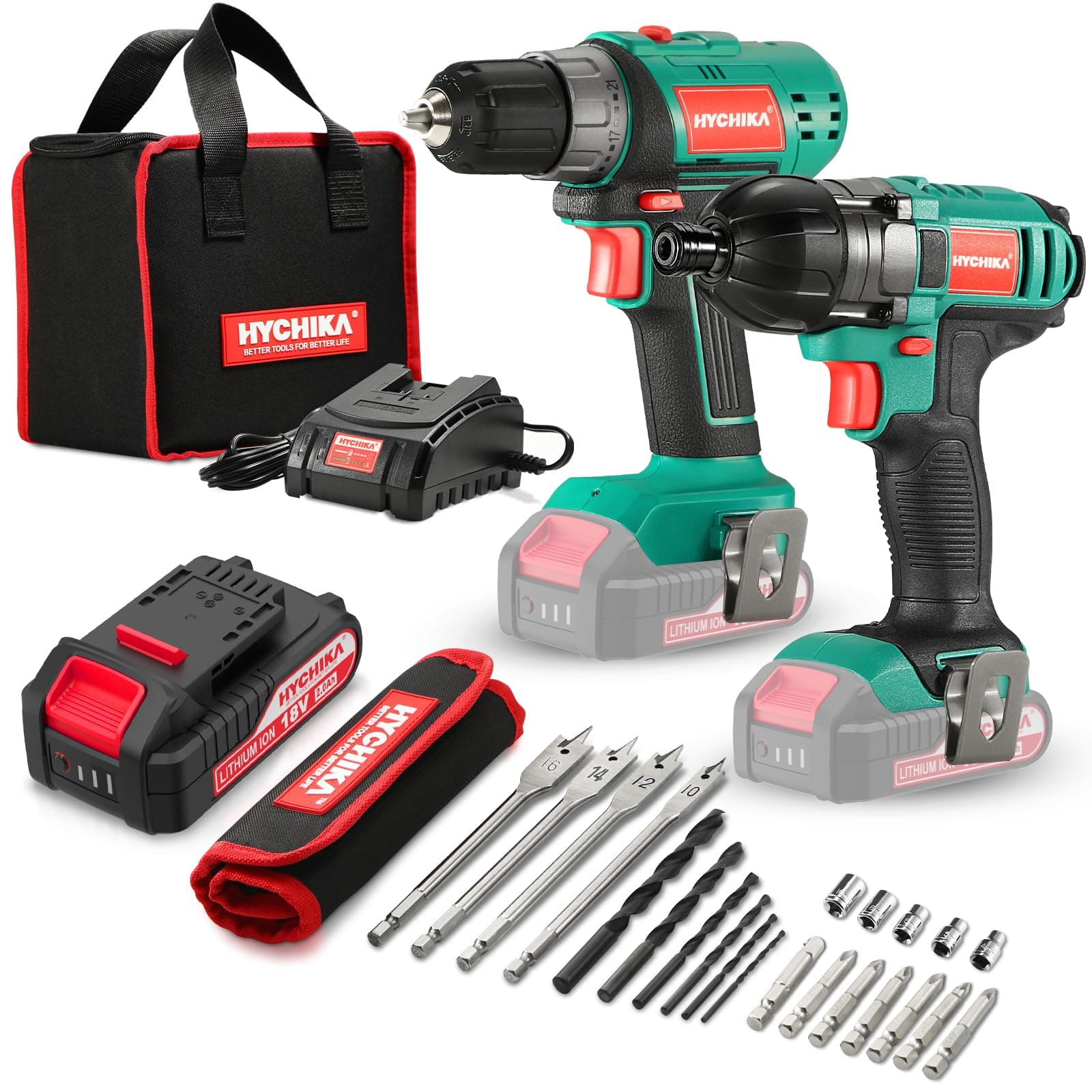 HYCHIKA Cordless Drill Driver and Impact Driver 20V, Drill Combo Kit, 2x2.0Ah Batteries, 1H Fast Charging, 22PCS Accessories for Drilling Wood, Metal and Plastic