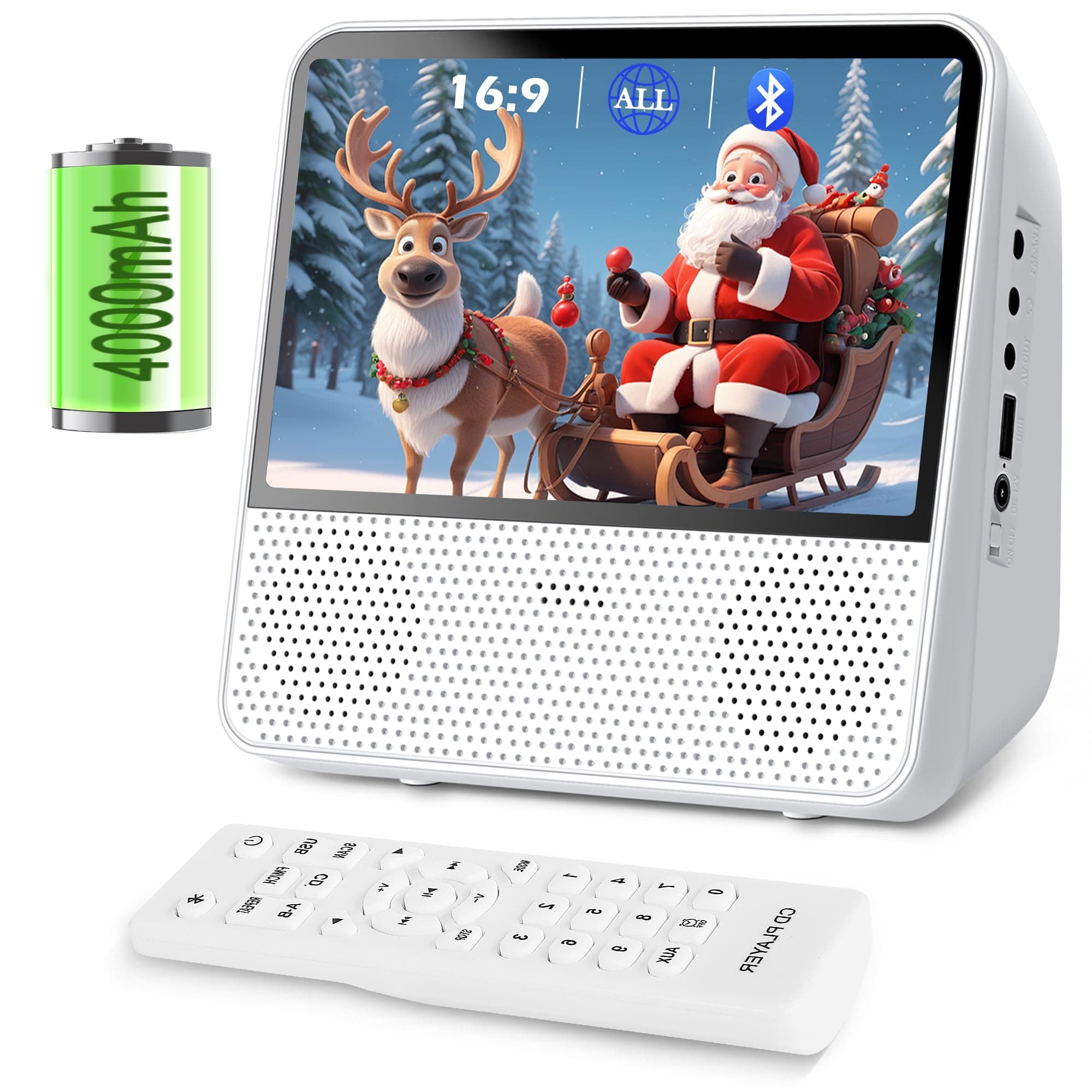 9.8" Portable DVD Player with Bluetooth, 1024 x 600 Screen, Portable DVD Player with Screen, 4000mAh Rechargeable, HiFi Speakers, Timer/Remote/Sync TV, Support DVD/CD/Bluetooth/AUX/AV/USB