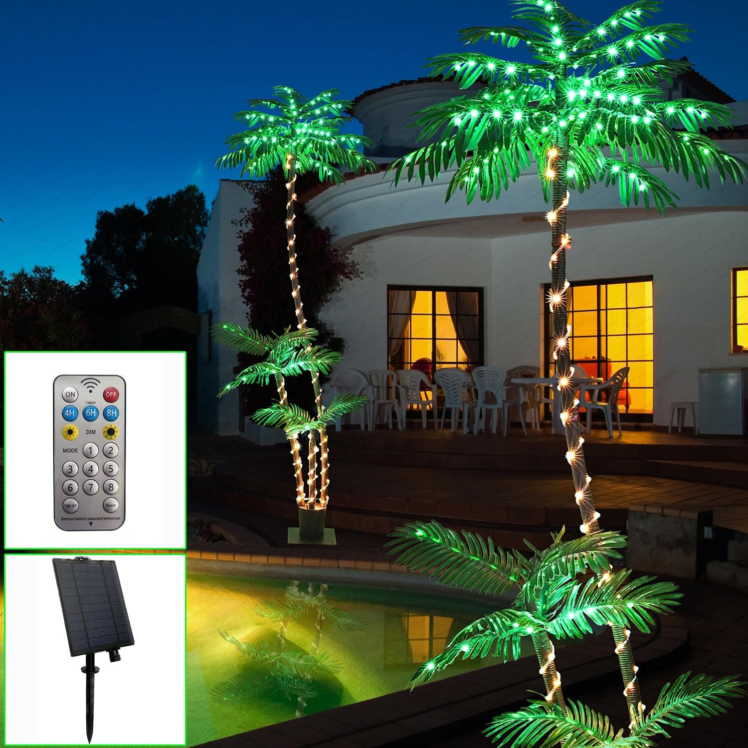 7FT Lighted Artificial Solar Palm Tree with Three Trunks and 260 LED Lights - Ideal for Outdoor/Indoor Use, Perfect for Tiki Bars, Patios, Homes, Offices, Beaches, Yards Pool, and Cruise Party