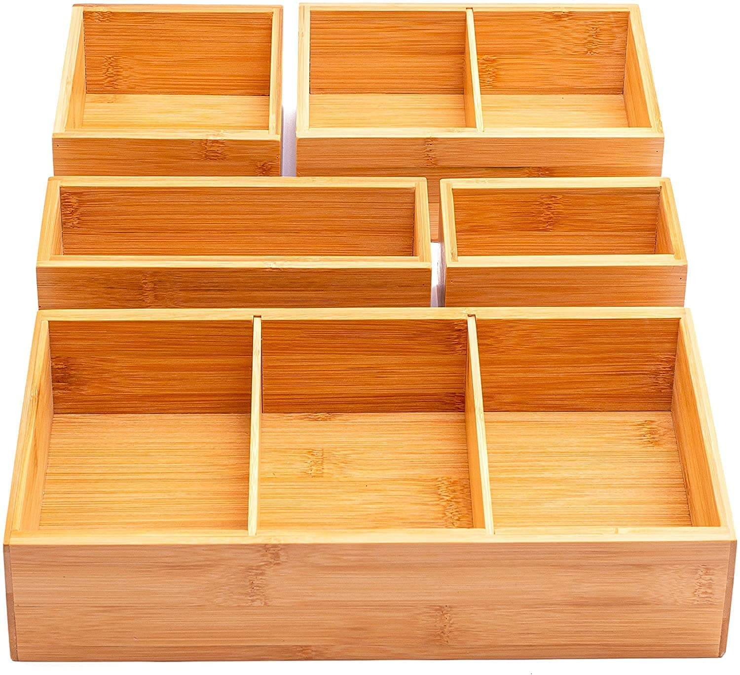 5-Piece Bamboo Drawer Organiser | Multi-Sized Compartments with Removable Dividers | Set of 5 Durable Wood Storage Boxes with Extra Foot Pads | Perfect for Home and Office Use