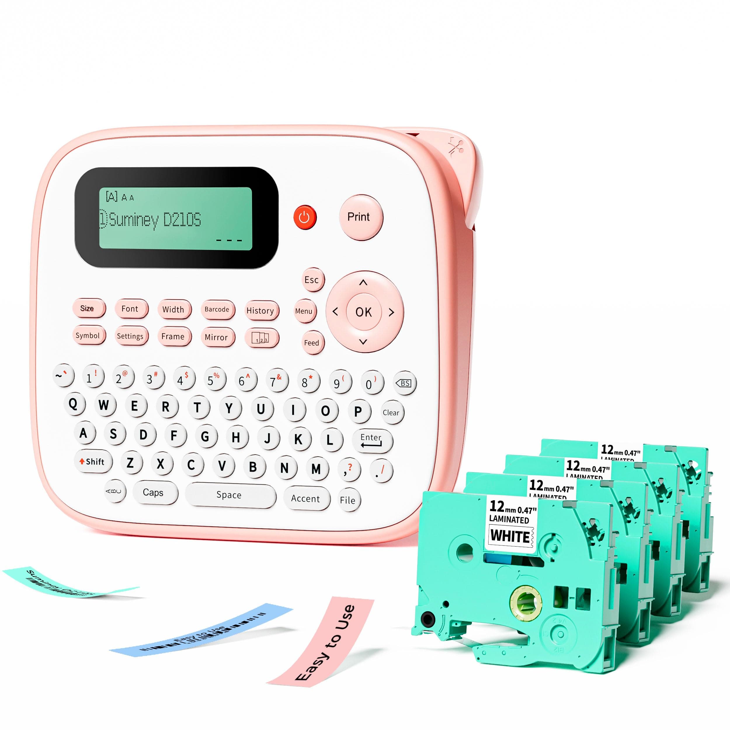 Pink Label Maker Machine with 4 Laminated Tapes,Portable QWERTY Keyboard Labeler, D210S Easy Label Maker Printer Handheld for Labeling Bottle, Jar, for Home Office School Kids Organization