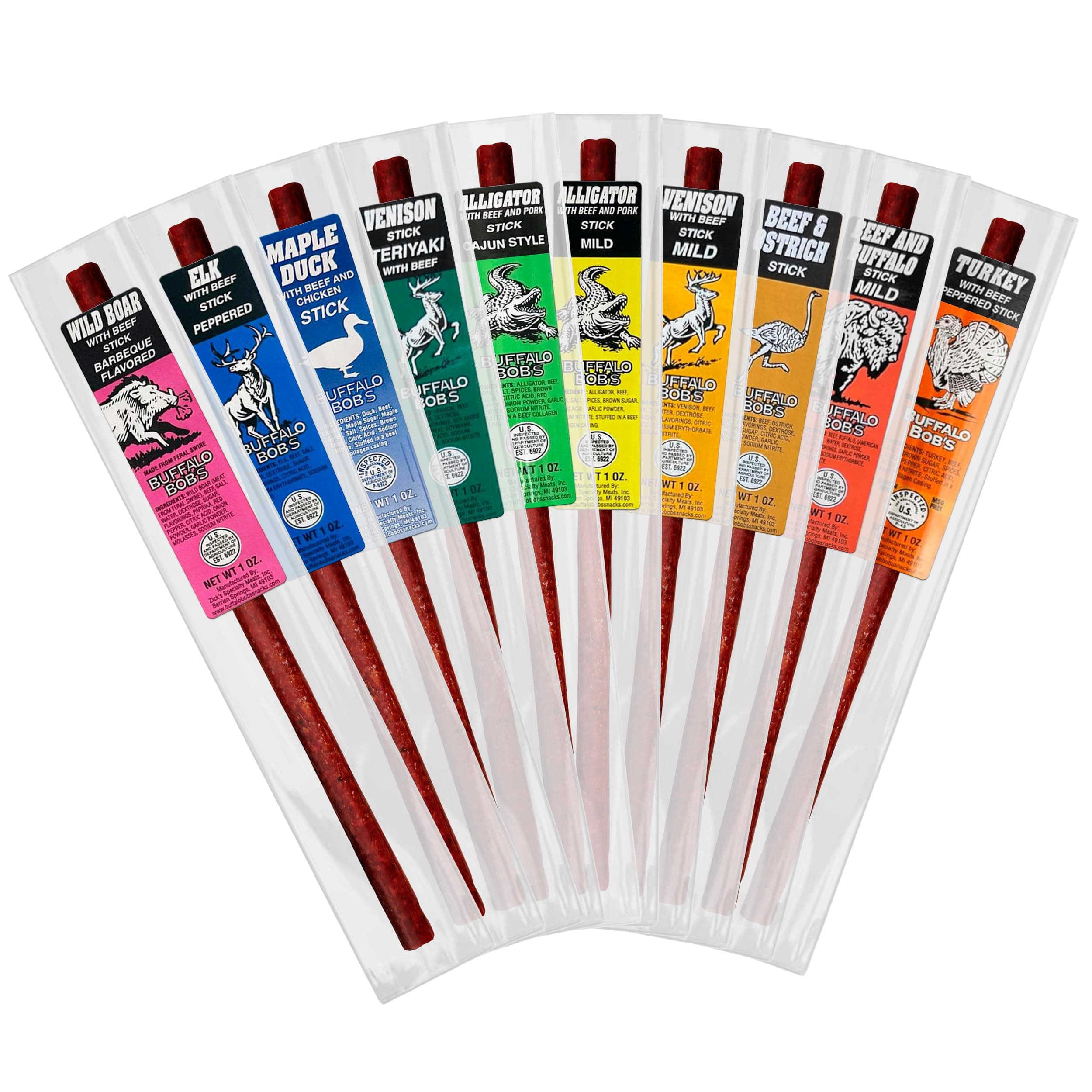 Buffalo Bob's Wild Game Meat Snacks (1oz Stick, 10 Pack) Exotic Variety Assortment Sampler, Gift for Men/Dad, Stocking Stuffer, Adventure Enthusiast