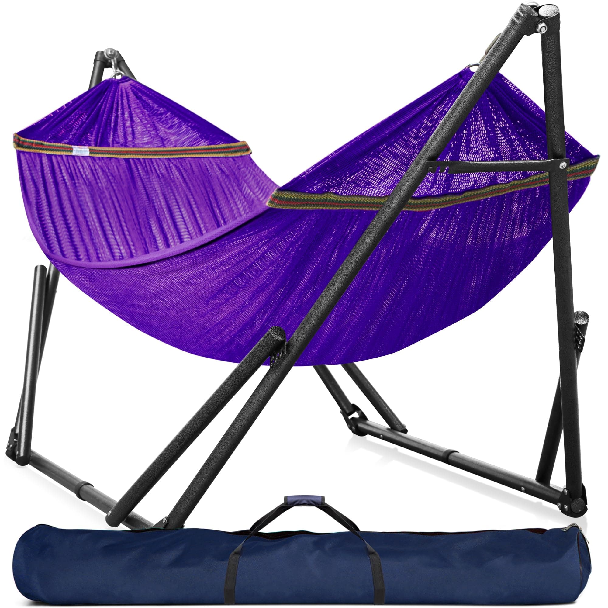 Tranquillo Universal Double Hammock with Stand Included for 2 Persons/Foldable Hammock Stand 600 lbs Capacity Portable Case - Inhouse, Outdoor, Camping, Purple