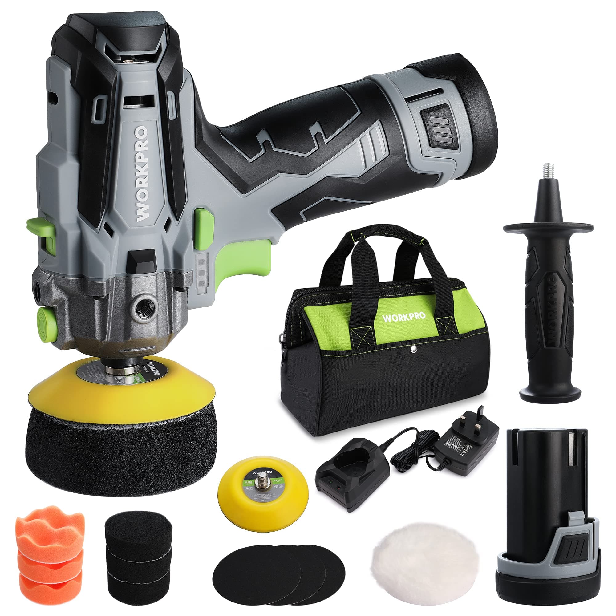 WORKPRO Cordless Buffer Polisher, 12 V Mini Polisher Kit with 2 Li-ion Batteries, Variable Speed Buffer & Sander Machine Kit, Ideal for Car Detailing, Sanding, Polishing, Waxing