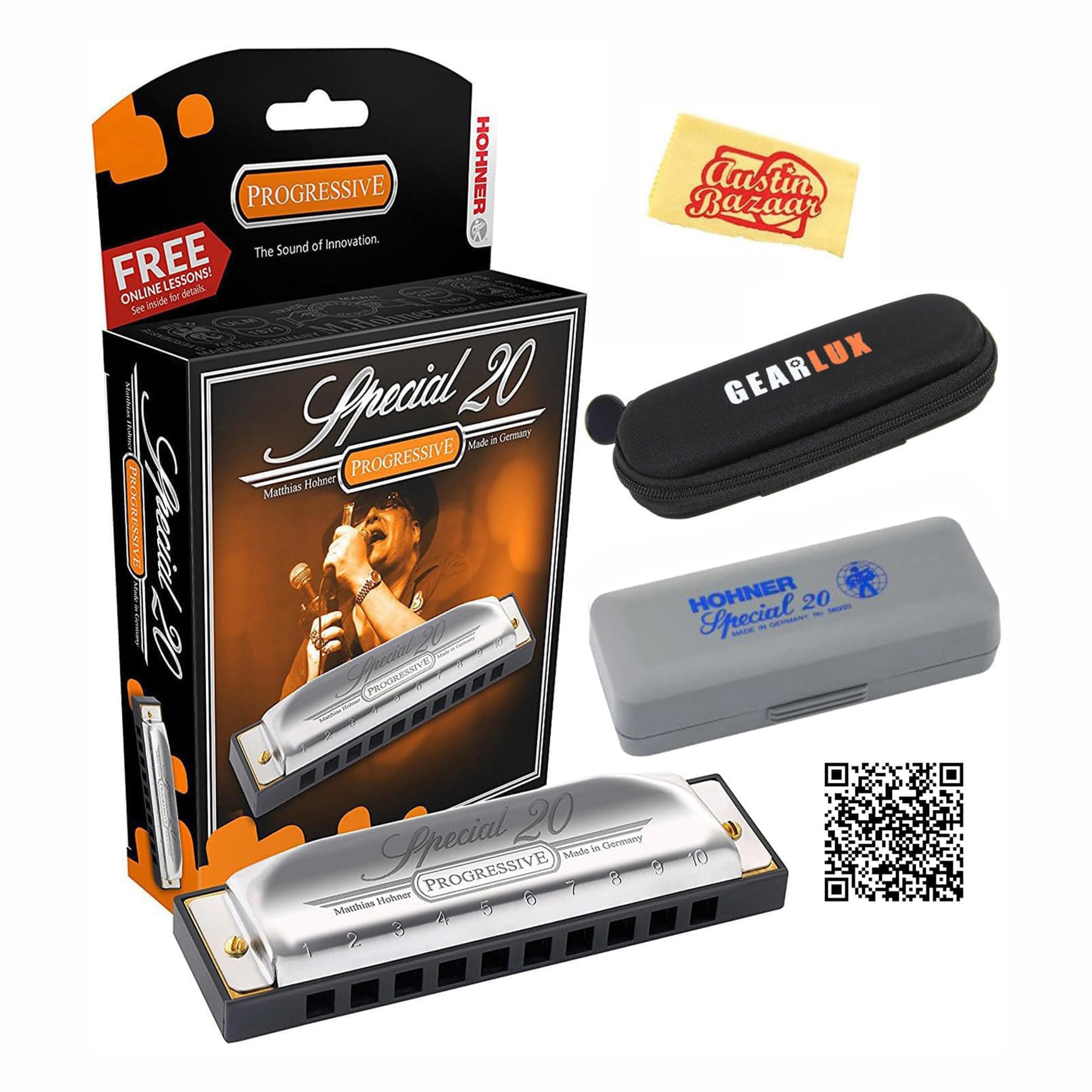 Hohner Special 20 Harmonica - Key of B Bundle with Case, Pouch, Online Manual, and Austin Bazaar Polishing Cloth