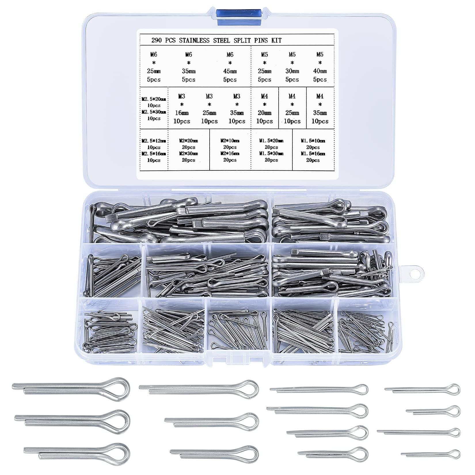 290 Pcs Stainless Steel Cotter Pins Set, 24 Sizes Cotter Pin Clip Key Fastener Fitting Assortment Kit for Cars, Automotive, Mechanics, Power Equipment, Trucks, Lawn Mower (290pcs Cotter pins)