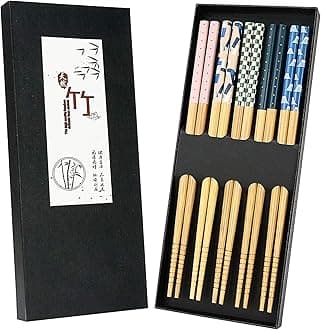 5 Pairs Japanese Natural Bamboo Chopsticks with Unique Pattern Dishwasher Safe, Reusable Non-Slip Chopstick Gift Set for Asian Dishes Sushi Rice Noodles, Nicely Boxed Chinese Chop Sticks Functional