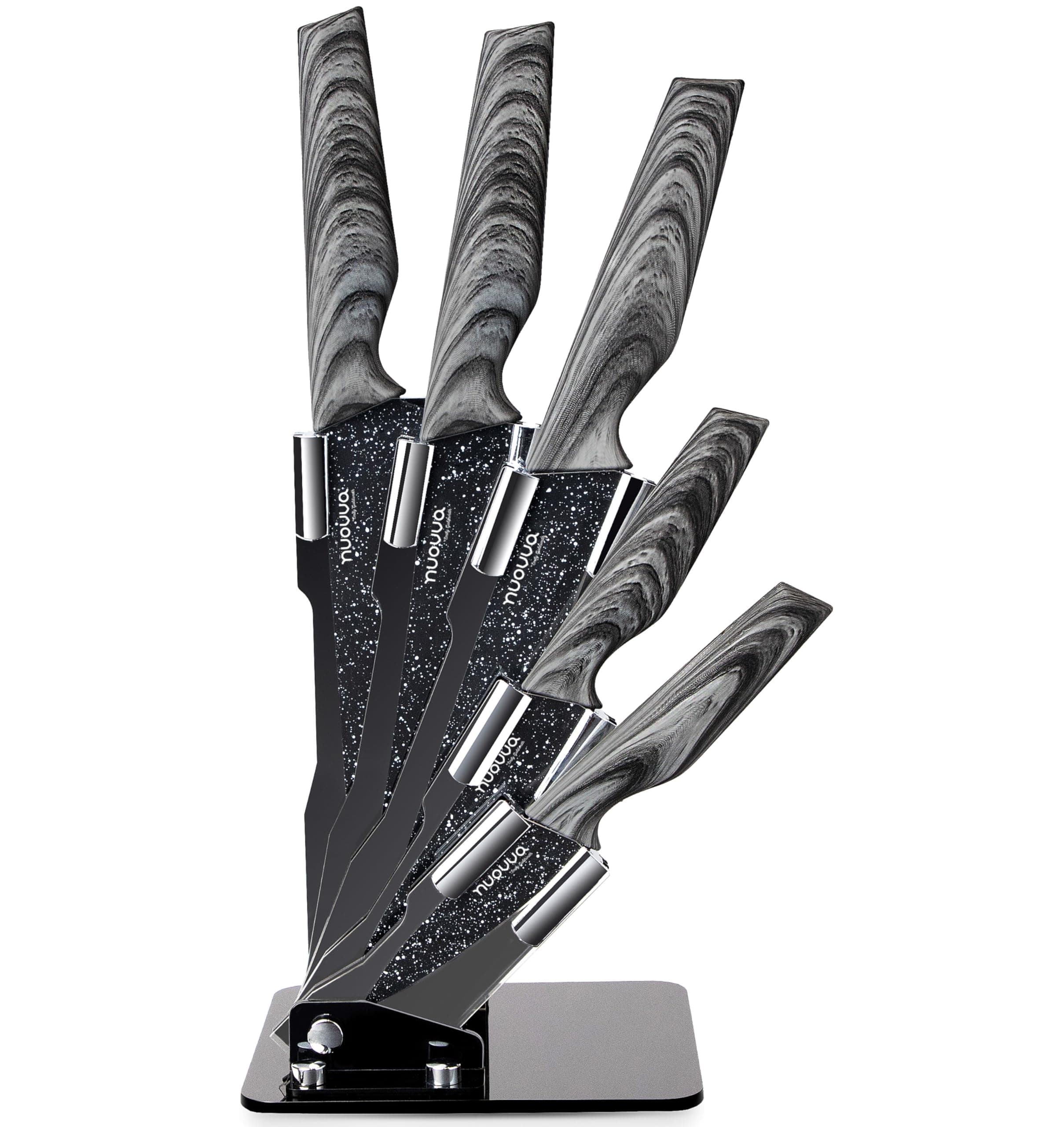 Kitchen Knife Block Set - Granite 5 Piece Knives Set with Clear Acrylic Block - Wood Affect Handle - Stainless Steel Blades - by Nuovva