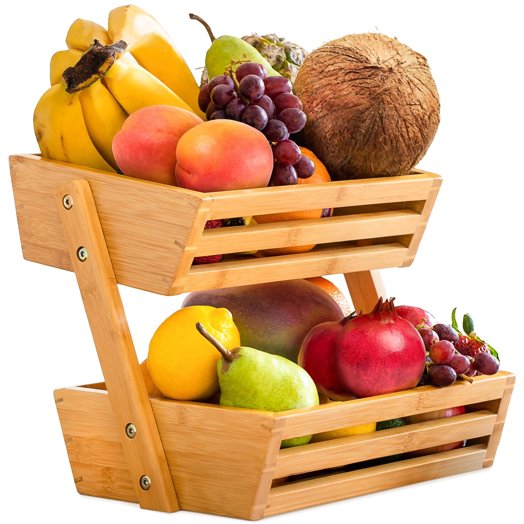Fruit Basket - 2-Tier Bamboo Fruit & Vegetable Storage Organizer for Kitchen Counter - Gift Box Included - Lightweight & Easy Assembly - Countertop Stand Holder Bowl