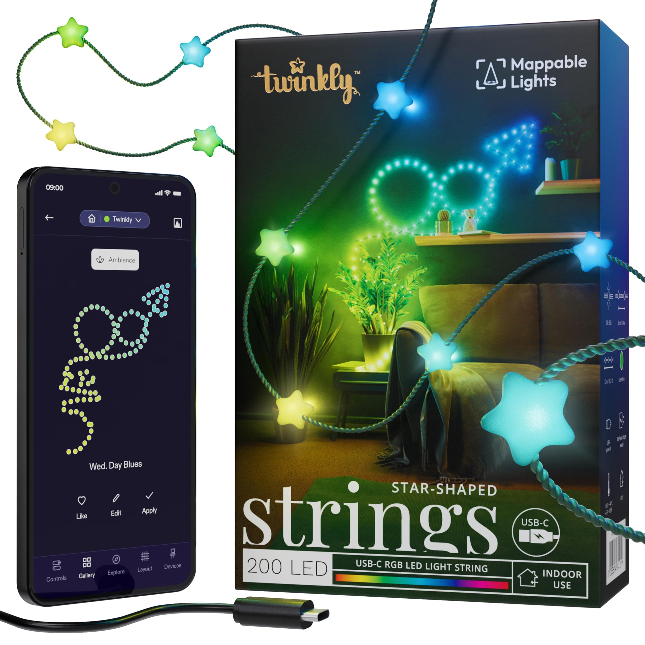 Strings USB-C Star 200 LED, Star-Shaped LED Light String, RGB Multicolor LED Lights, Valentine's Day Lights, Compatible with Alexa, Google Home, USB-C Power, Green Wire, 39.4ft