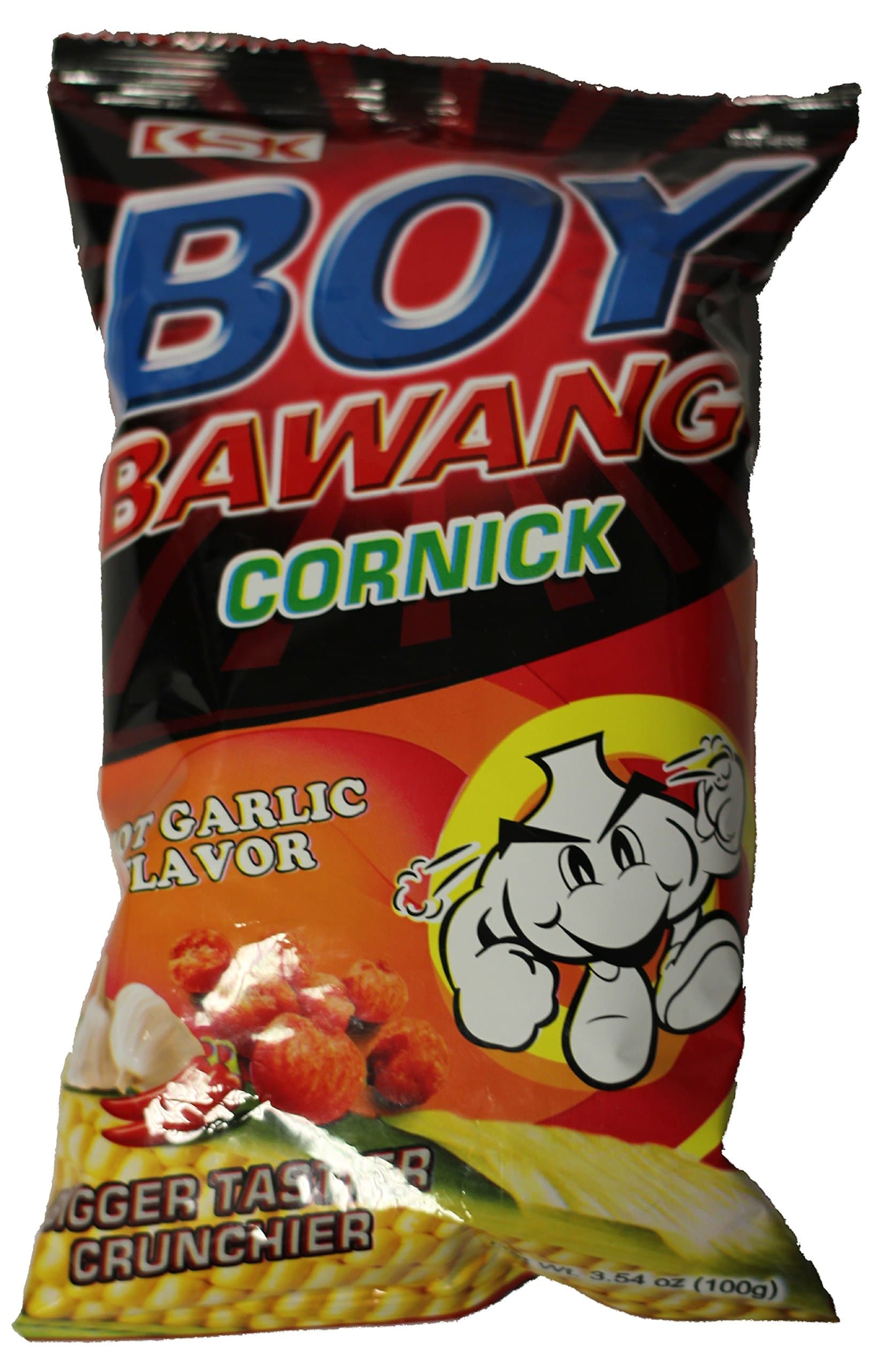 Hot Garlic Flavor Cornick (Corn Snacks) - Four 3.54 oz. bags. by Boy Bawang