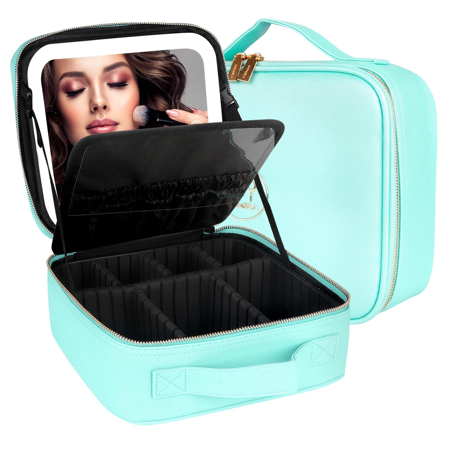 MOMIRA Makeup Box with Mirror, Cosmetic Storage Box, Cosmetics Box, Makeup Case with Adjustable Dividers, 3-Color Adjustable LED Light, Makeup Brush Case Included, Hand-held, Large Capacity