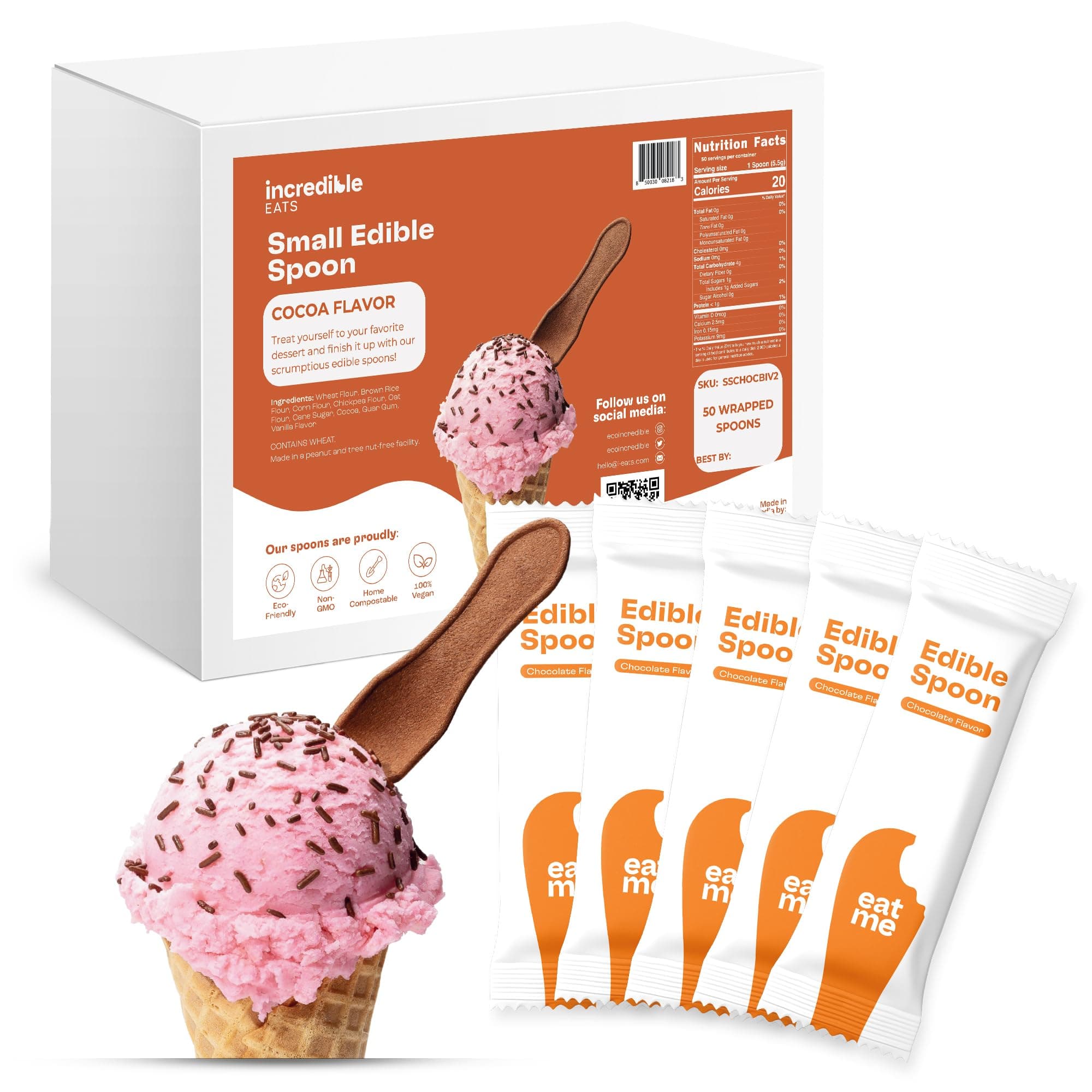 Edible Cutlery by incrEDIBLE Eats, Bulk Pack, As Seen On Shark Tank, Eco-Friendly Alternative to Plastic, Sturdy and Home Compostable, Individually Wrapped in Paper (Chocolate)