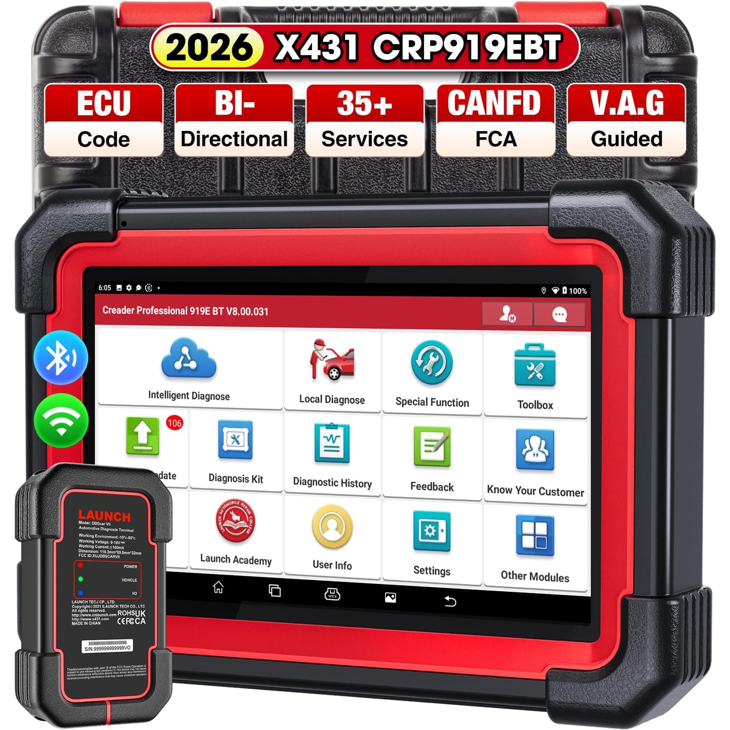LAUNCH X431 CRP919EBT OBD2 Scanner, Advanced Wireless Bluetooth Bidirectional Scan Tool, ECU Code, CANFD/DOIP, FCA AutoAuth, 35+ Resets, VAG Guided, All Systems for all Vehicles, Upgraded of CRP919E