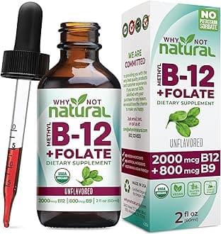Why Not Natural Vitamin B12 Liquid Plus Folate - Organic Sublingual Extra Strength Vegan Drops - Methyl B12 and Folinic Supplement