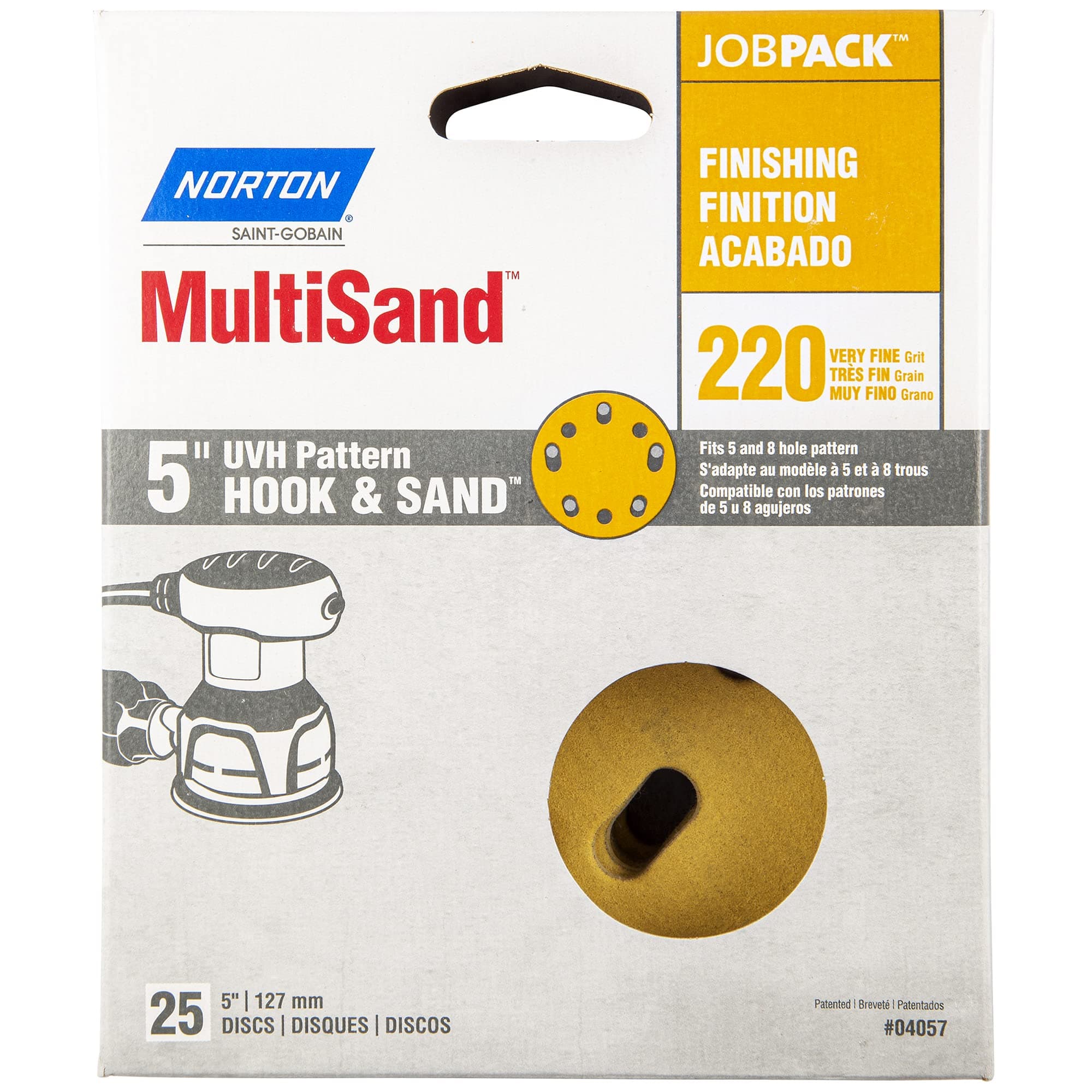 Norton Hook & Sand Hoop and Loop Disc, Paper Backing, Hook and Loop, Aluminum Oxide, 5 Hole Count, 5 inches Diameter, P220 Grit Size (Pack of 25)