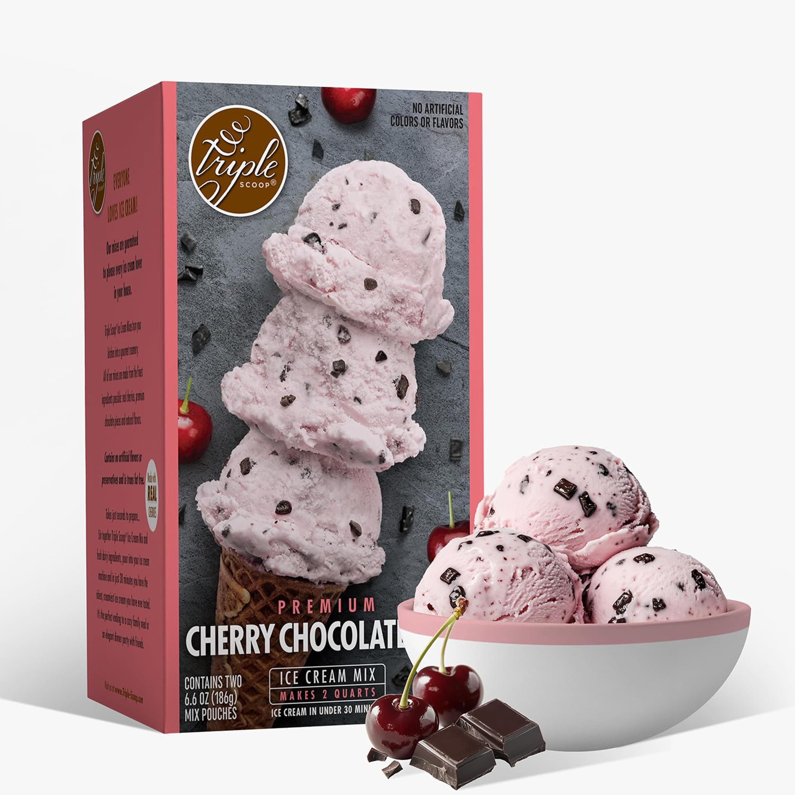 Triple Scoop - Premium Cherry Choc Chip Ice Cream Mix For Ice Cream Maker. Simple, Easy, Delicious. From Gourmet Mix To Maker in 5 Min, Makes 2 Creamy Qrts, Made in USA (1 Pack, Cherry Choc Chip)