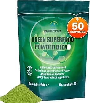 Super Greens Powder Blend - Vitamin Mineral Nutrient Rich - Immune System & Energy Boost - Vegan Vegetarian Superfoods Supplement Alkaline Fullly Natural Gluten Free Detox- 250g 50 Servings, Evanmore