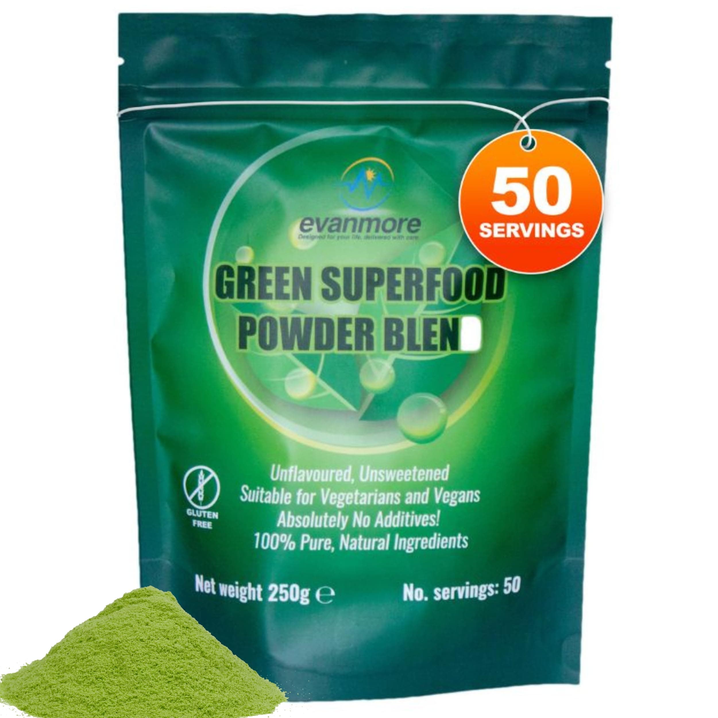 Super Greens Powder Blend - Vitamin Mineral Nutrient Rich - Immune System & Energy Boost - Vegan Vegetarian Superfoods Supplement Alkaline Fullly Natural Gluten Free Detox- 250g 50 Servings, Evanmore