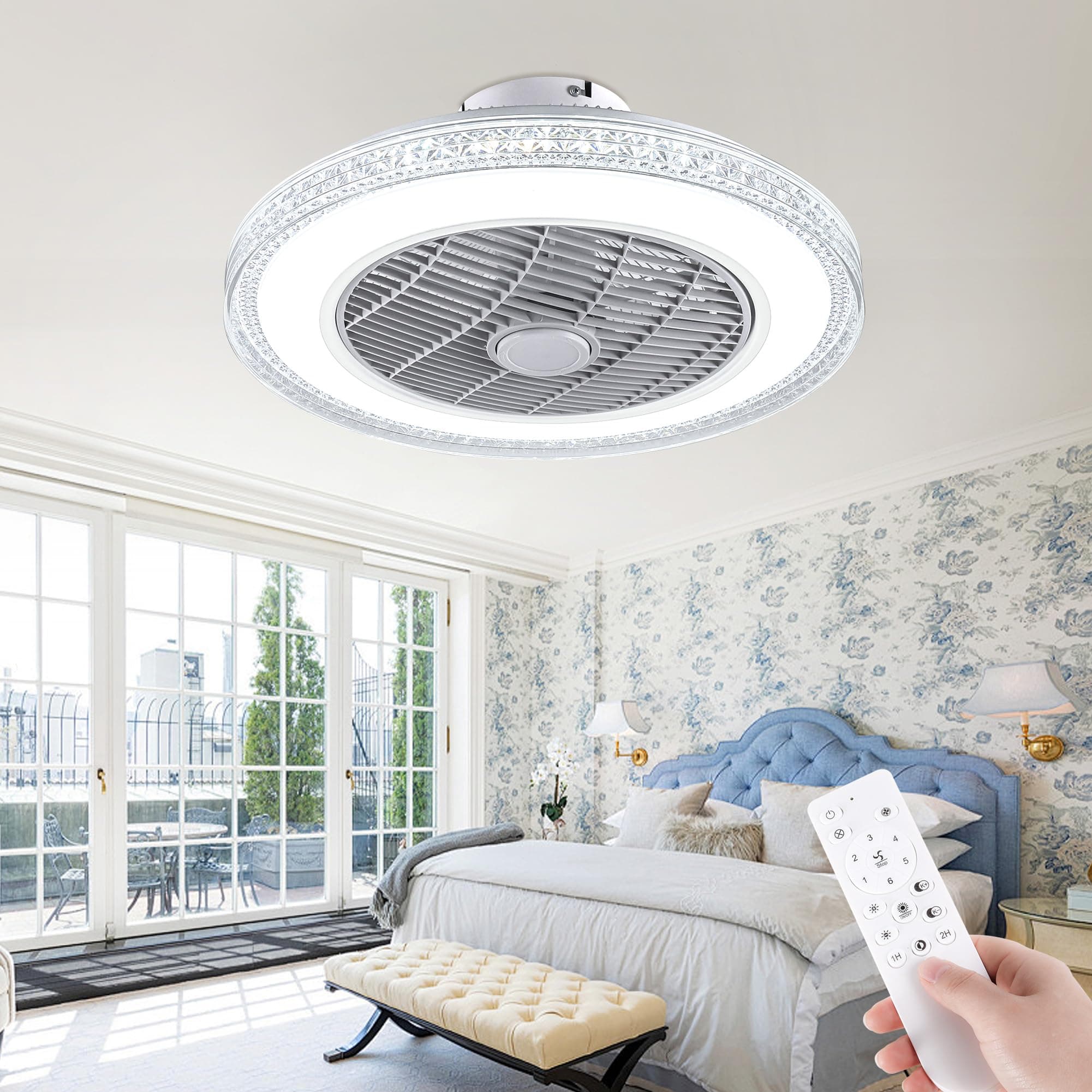 Low Profile Ceiling Fan with 3-Color Dimmable Light, 20" Modern Enclosed Multi-Speed Bladeless Ceiling Fans and Remote Control, for Bedroom/Dining Room/Kitchen Flush Mount…