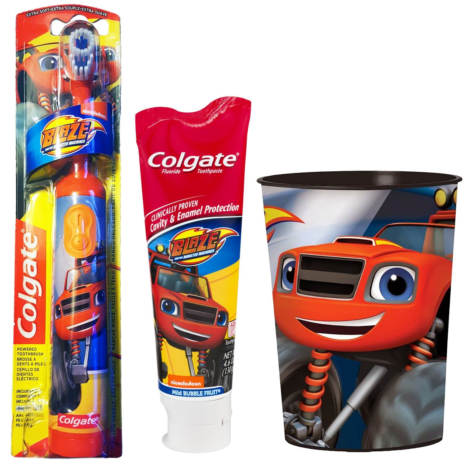 Blaze And The Monster Machines Toothbrush & Toothpaste Bundle: 3 Items - Powered Toothbrush, Mild Bubble Fruit Toothpaste, Kids Character Rinse Cup
