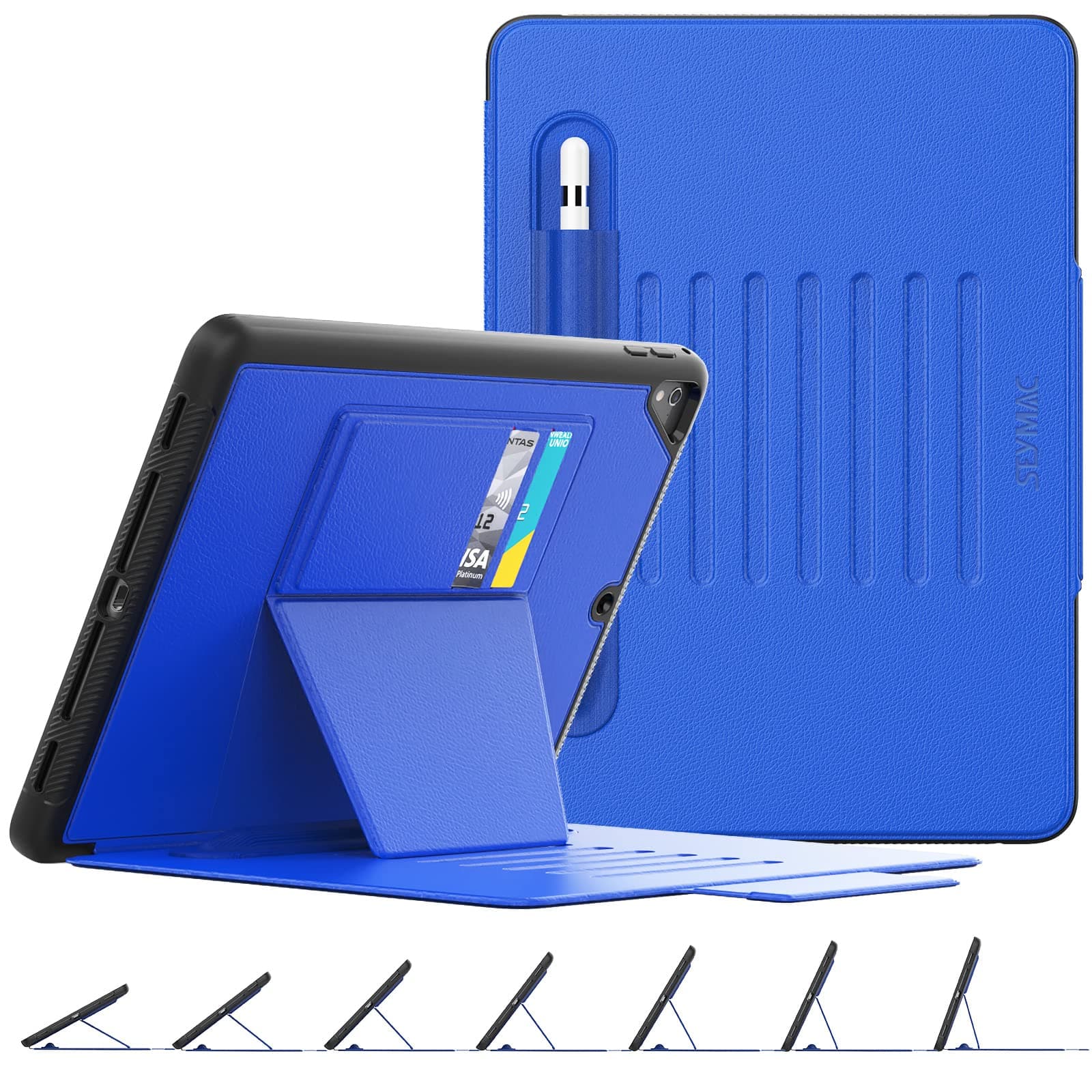 SEYMAC stock Case for iPad 6th/5th Generation/Air 2 / Pro 9.7'', Magnetic Auto Sleep/Wake Smart Cover with [Multi-angles Stand] Pencil Holder & Card Slot Feature for iPad 9.7 Inch 2018/2017, Blue