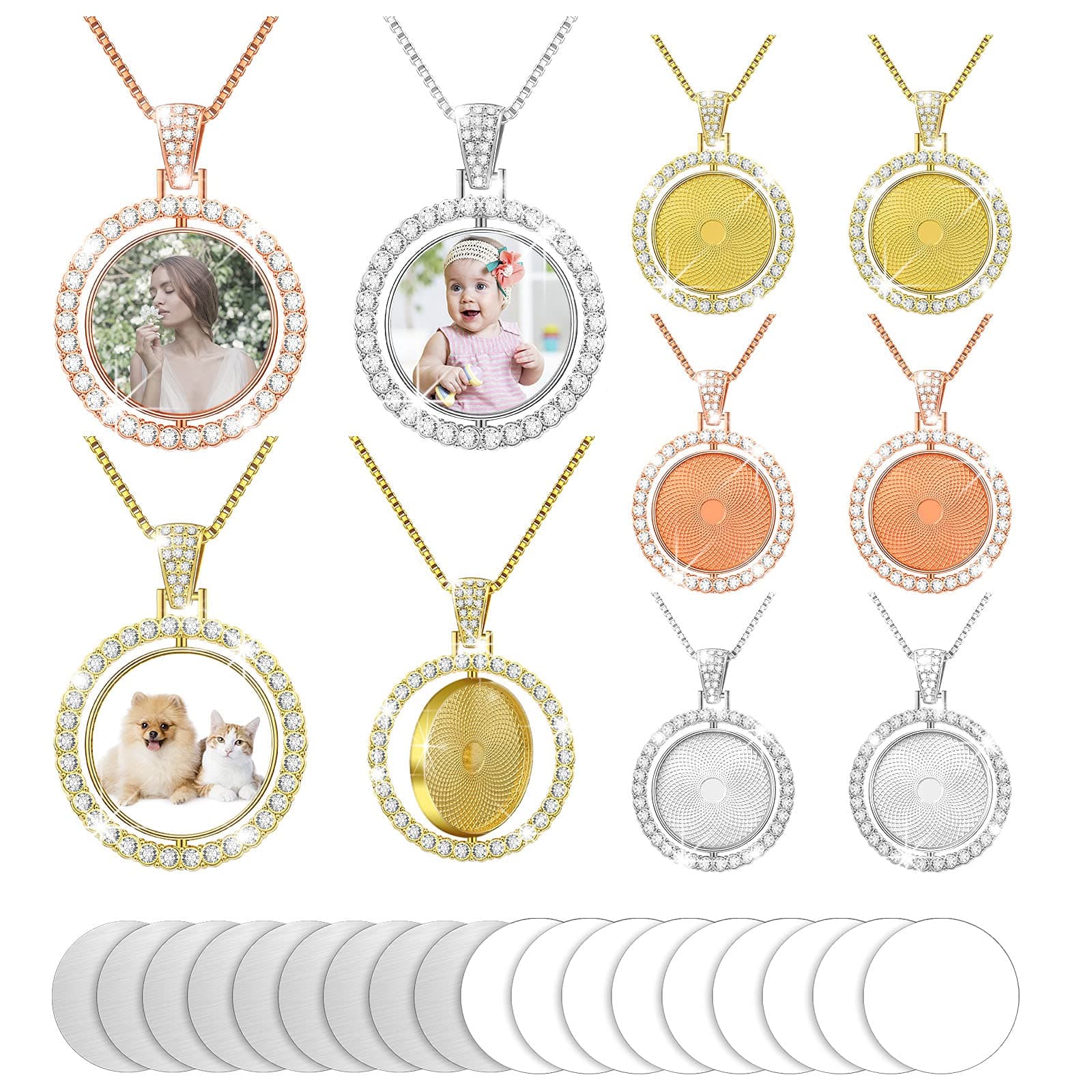 MTLEE 54 Pieces Sublimation Rhinestone Pendant Set Includes 9 Round Rhinestone Bezel Trays Double Sided Blank Pendant Charm, 9 Thick Chains with 18 Sublimation Discs and Glue for Christmas DIY Making