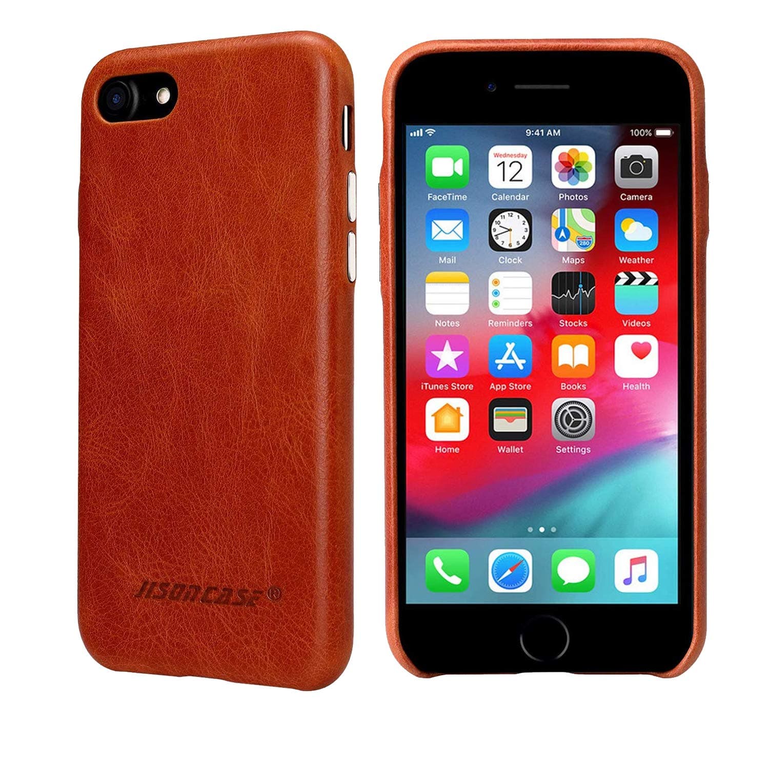 JISONCASE iPhone SE 2020/8/7 Leather Case, [Slim Fit][Wireless Charging Support][Genuine Leather], Full Leather Protective Case/Cover for Apple iPhone SE 2020/8/7(4.7 inches)[Brown, GM0IP8-13A20]