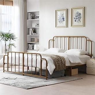 PINJU Metal Platform Bed Frame with Headboard and Footboard, Classic Style, Sturdy Metal Slats, No Box Spring Needed, Easy Installation (Gold, King)