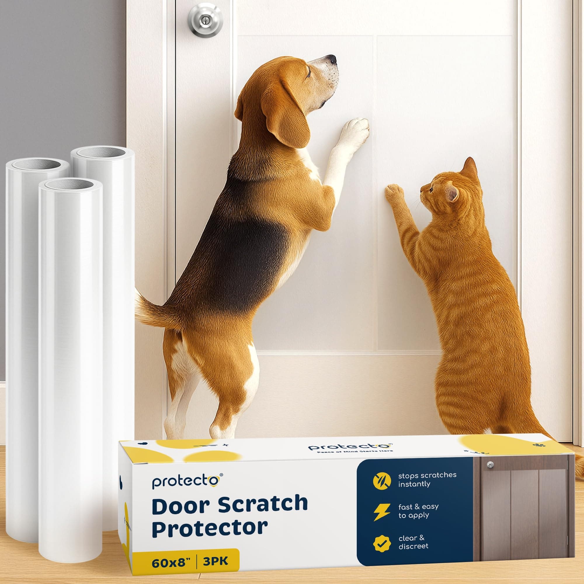Cat & Dog Scratch Door Protector w/Utility Knife - 3Pack 60x8 Clear Wall Protector for Pet Scratching - Sticky and Self-Adhesive Deterrent Vinyl Surface - Easy Customization & Installation