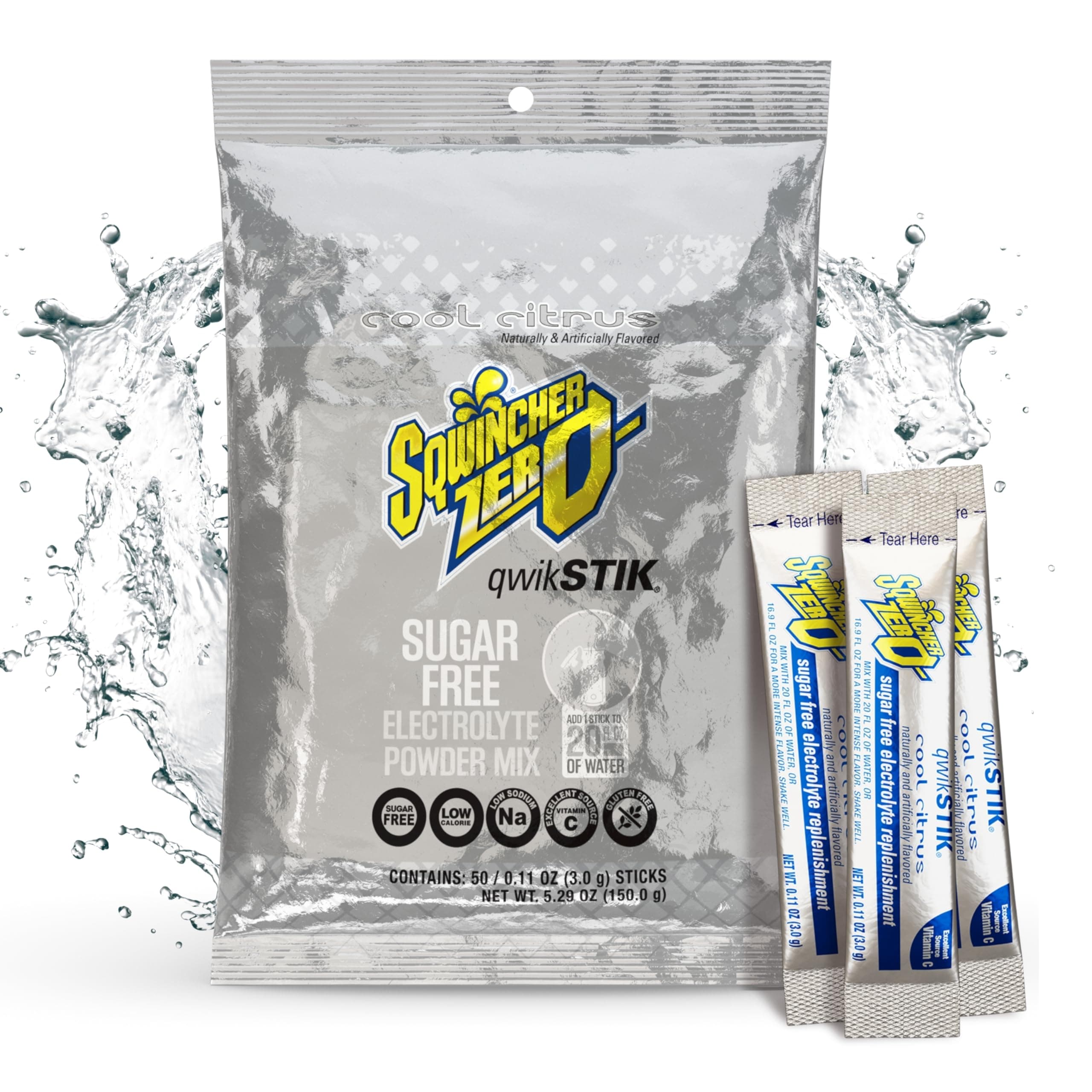 Zero Qwik Stik, Cool Citrus, Sugar Free, Low Calorie, Low Sodium Electrolyte Powder Hydration Drink Mix, .11 0z Packet (Pack of 50)