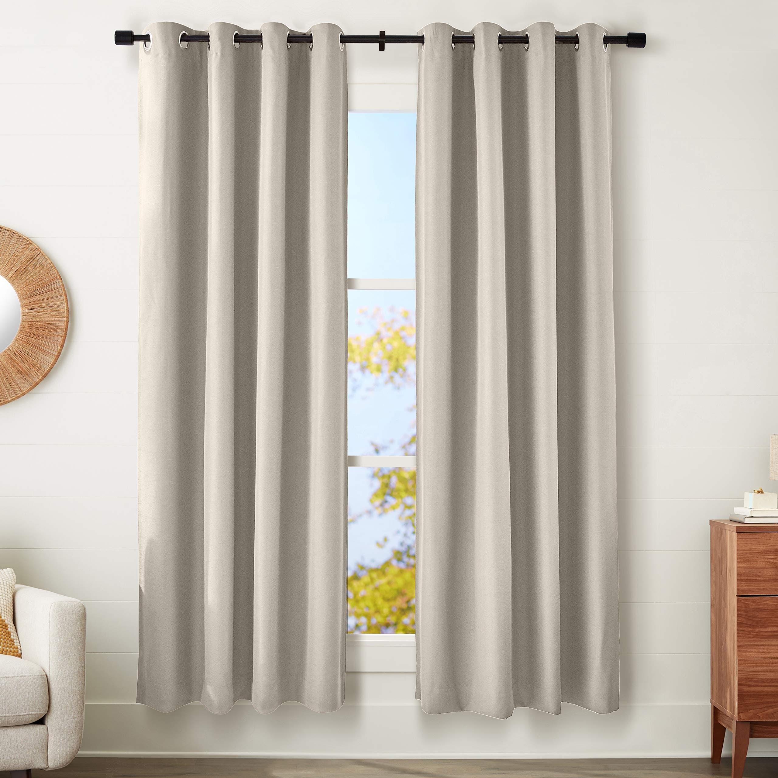 Amazon Basics 100% Blackout Textured Linen Window Panel with Grommets and Thermal Insulated, Noise Reducing Blackout Liner - 52" x 95", Grey