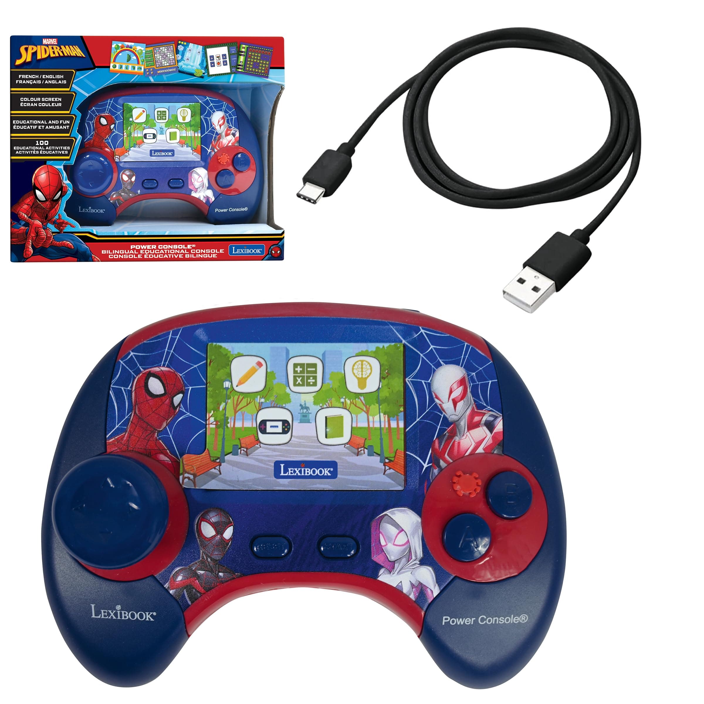 Lexibook Spider-Man Power Console® - Educational bilingual game console with 100 activities in English/French, JCG100SPi1