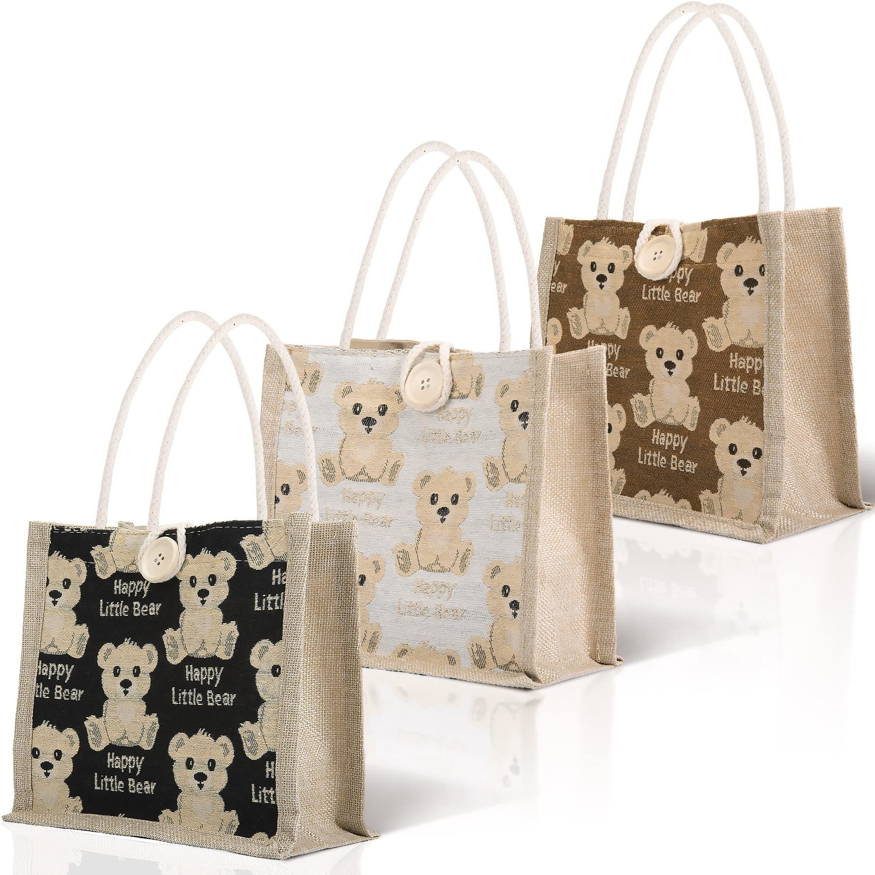 3 Pack Mini Jute Tote Bag with Bear Prints Burlap Gift Totes with Handles Jute Burlap Tote Bags Jute Hessian Bags Small Gift Bag Lunch Sandwich Bag (Beige, Brown, Black, Button Closure Design)