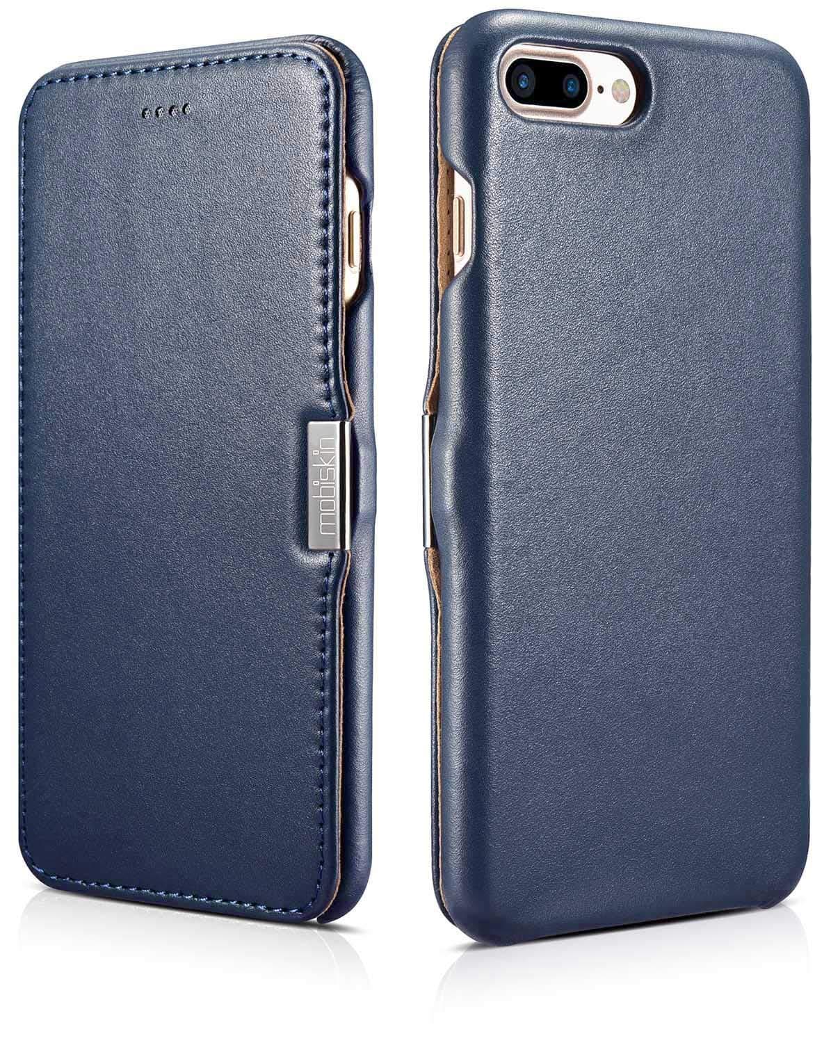 Mobiskin case compatible with Apple iPhone 8 PLUS and iPhone 7 PLUS (5.5 inch), cover with genuine leather, book-style protective phone case, ultra-slim folio, thin wallet, blue