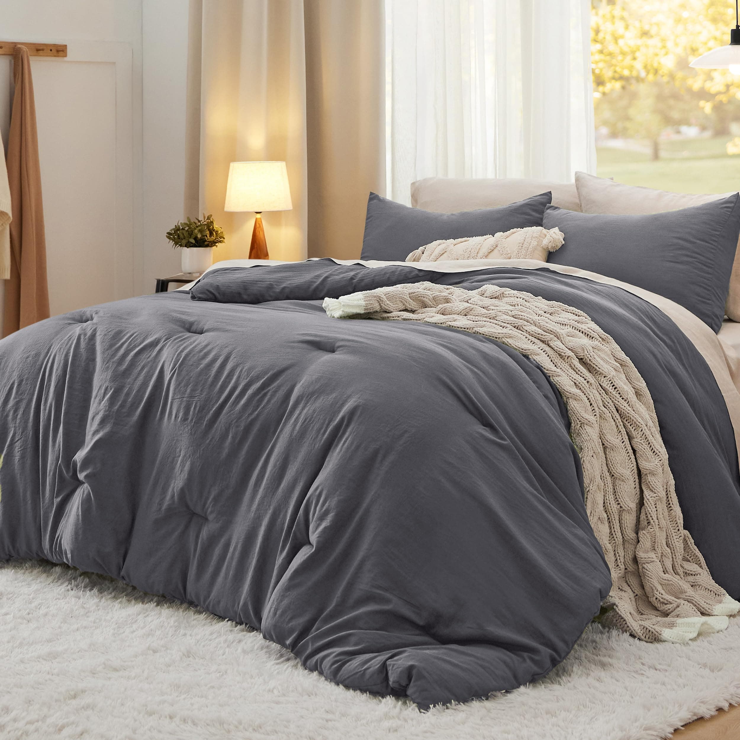 Bedsure Oversized Queen Comforter Set, Dark Grey Soft Prewashed Bedding for All Seasons, 3 Pieces GentleSoft™ Bed Set, 1 Lightweight Comforter (98"x98") and 2 Pillowcases (20"x26")