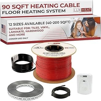 LuxHeat 90sqft Floor Heating Cable Kit - 240v Under Floor Heater Kit for Tile, Vinyl, Laminate - Electric Radiant Heated Flooring System - Includes Underfloor Heating Cable, Strapping, Sensor & Alarm