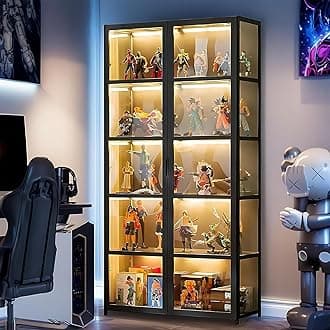 Curio Display Cabinet, 5-Tier Display Case with Acrylic Doors, Transparent Display Shelf for Collectibles & Figurine, Tall Bookcase for Living Room, Bedroom, Office, Bamboo (Black Folio)