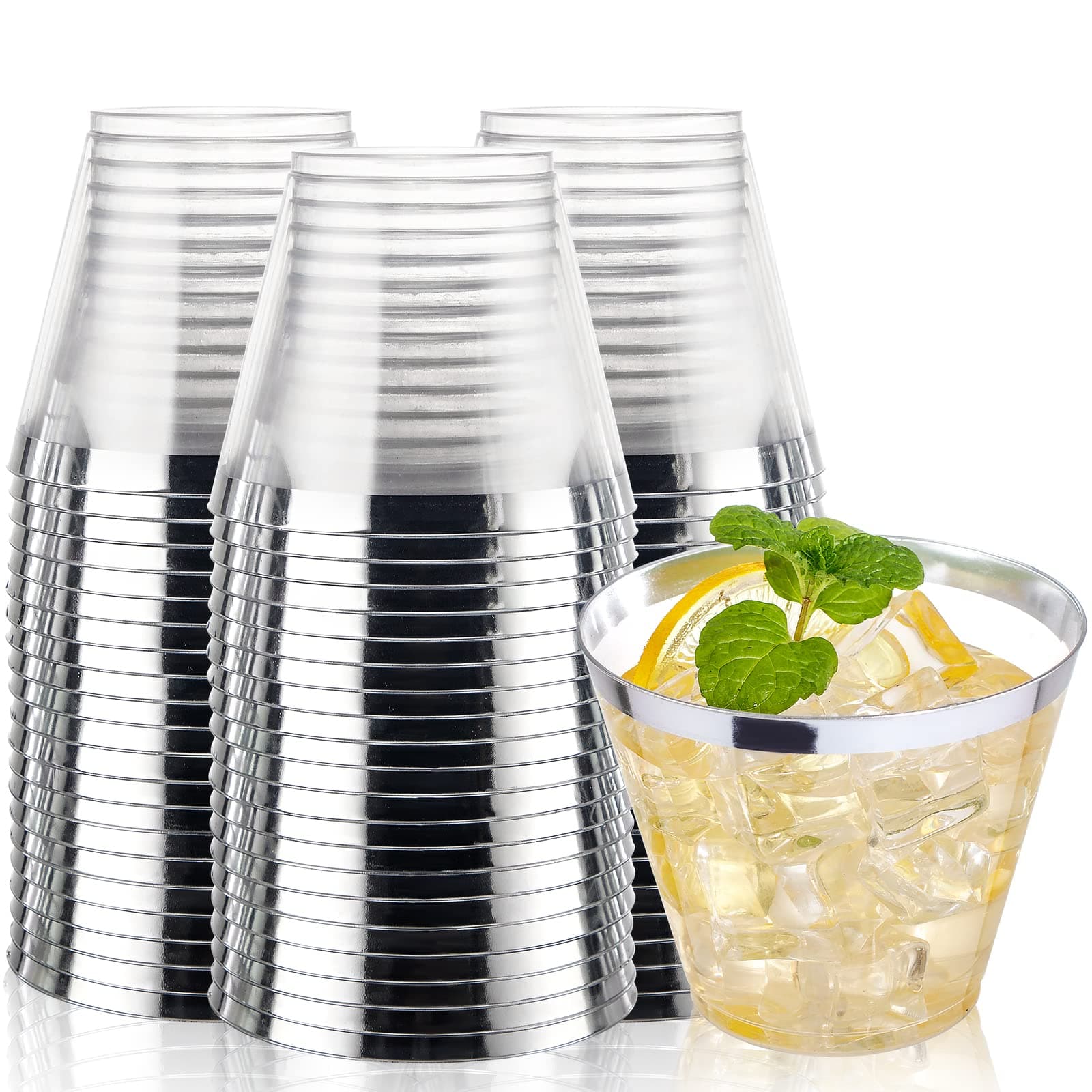 I00000 200pcs Silver Disposable Plastic Cups 9 oz Clear Plastic Cups Old Fashioned Tumblers Silver Rim Cup Disposable Party Cup Elegant Silver Wine Glasses Cocktail Cup