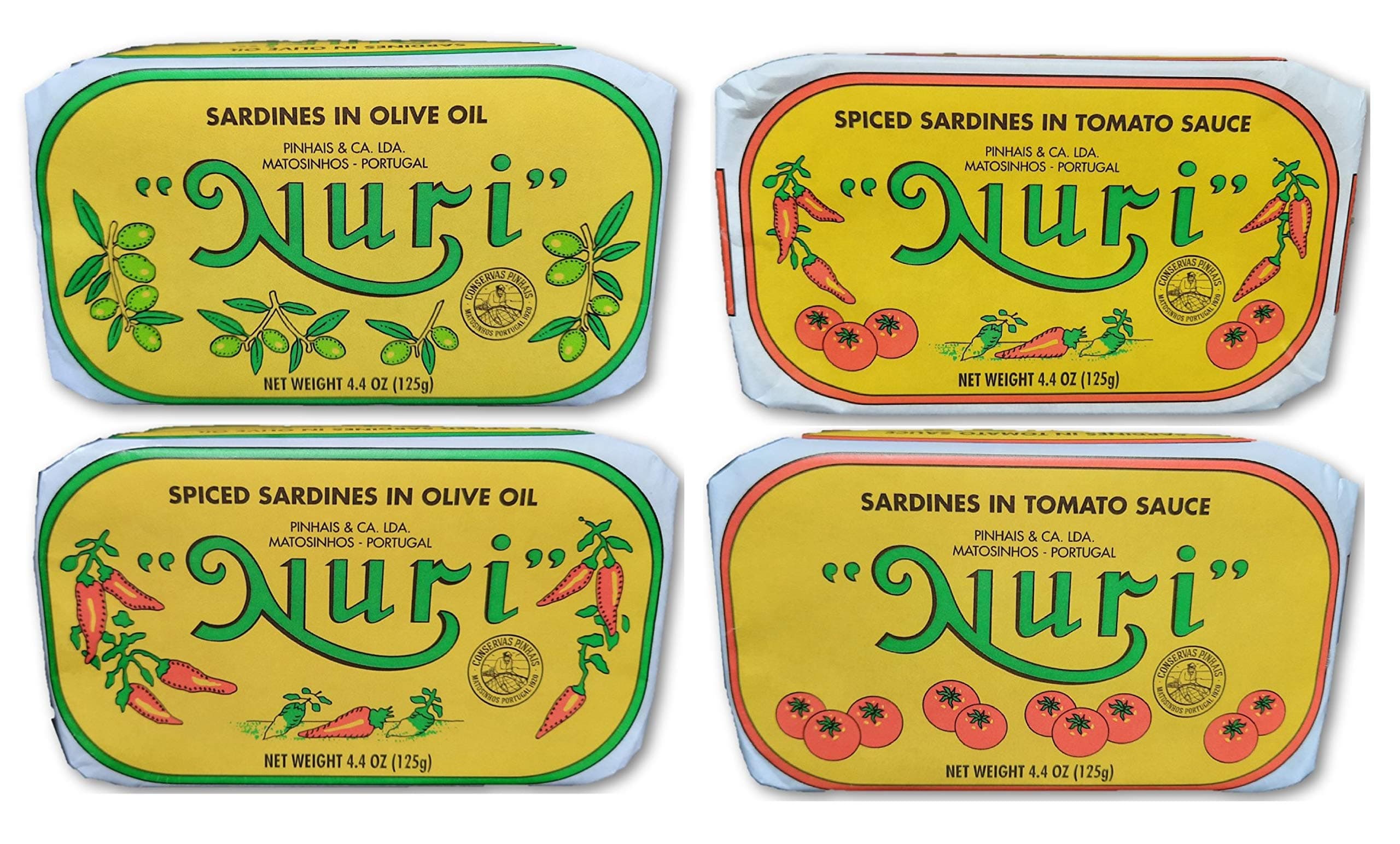 NURI Portuguese Sardines Variety Pack | 4 Pack Bundle | One of Each | Pure Olive Oil, Spiced Pure Olive Oil, Tomato and Olive Oil AND Spiced Tomato and Olive Oil
