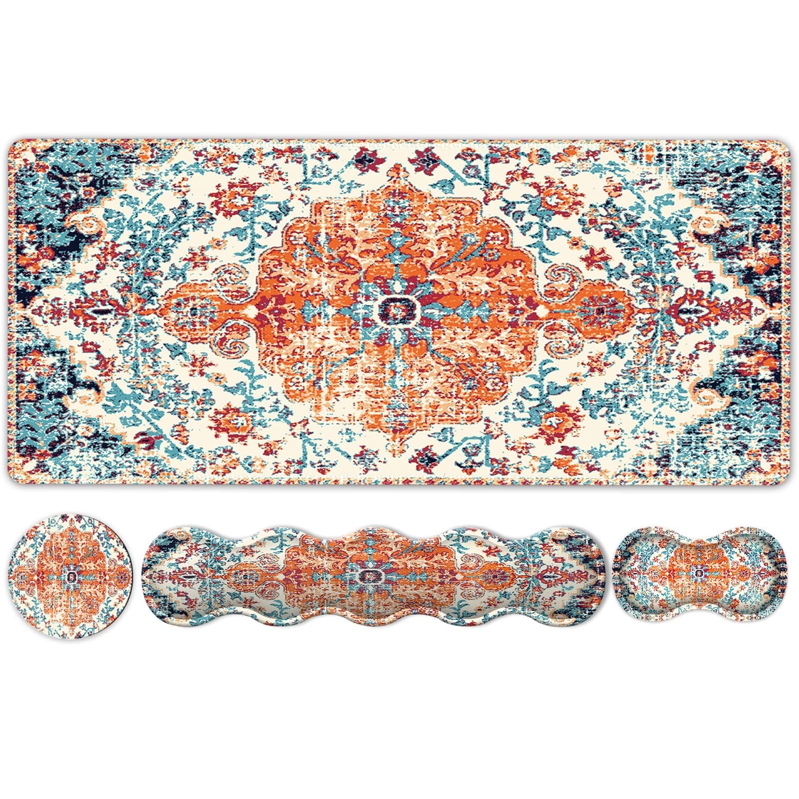 iLeadon Keyboard Mouse Pad Set, Large Gaming Mouse Pad + Wrist Rest + Mouse Pad with Wrist Support + Coaster, Easy Typing Pain Relief, 35.4x15.7in Desk Mat for Home Office, Boho