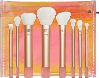 REAL TECHNIQUES The Wanderer Make up Brush Kit, Premium and Professional 8 Midi-size Brush Set with Bag, Soft Bristles, Foundations, Powders, and Concealers, Gold