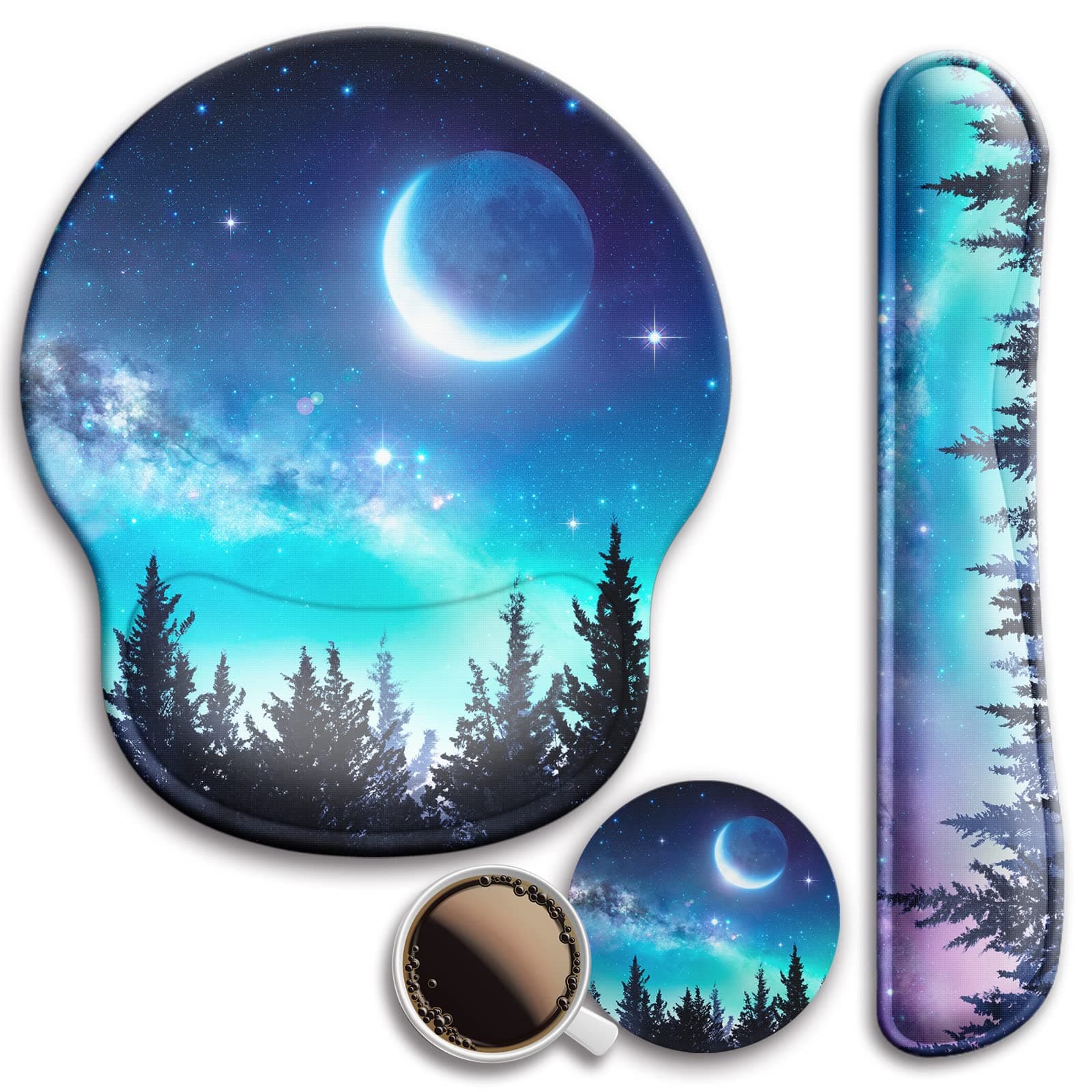 Mouse Pad and Keyboard Wrist Rest Support, with Non-Slip PU Base,Gel Mouse Pad with Coaster,Pain Relief for Gaming, Computer,Office -Forest Moon