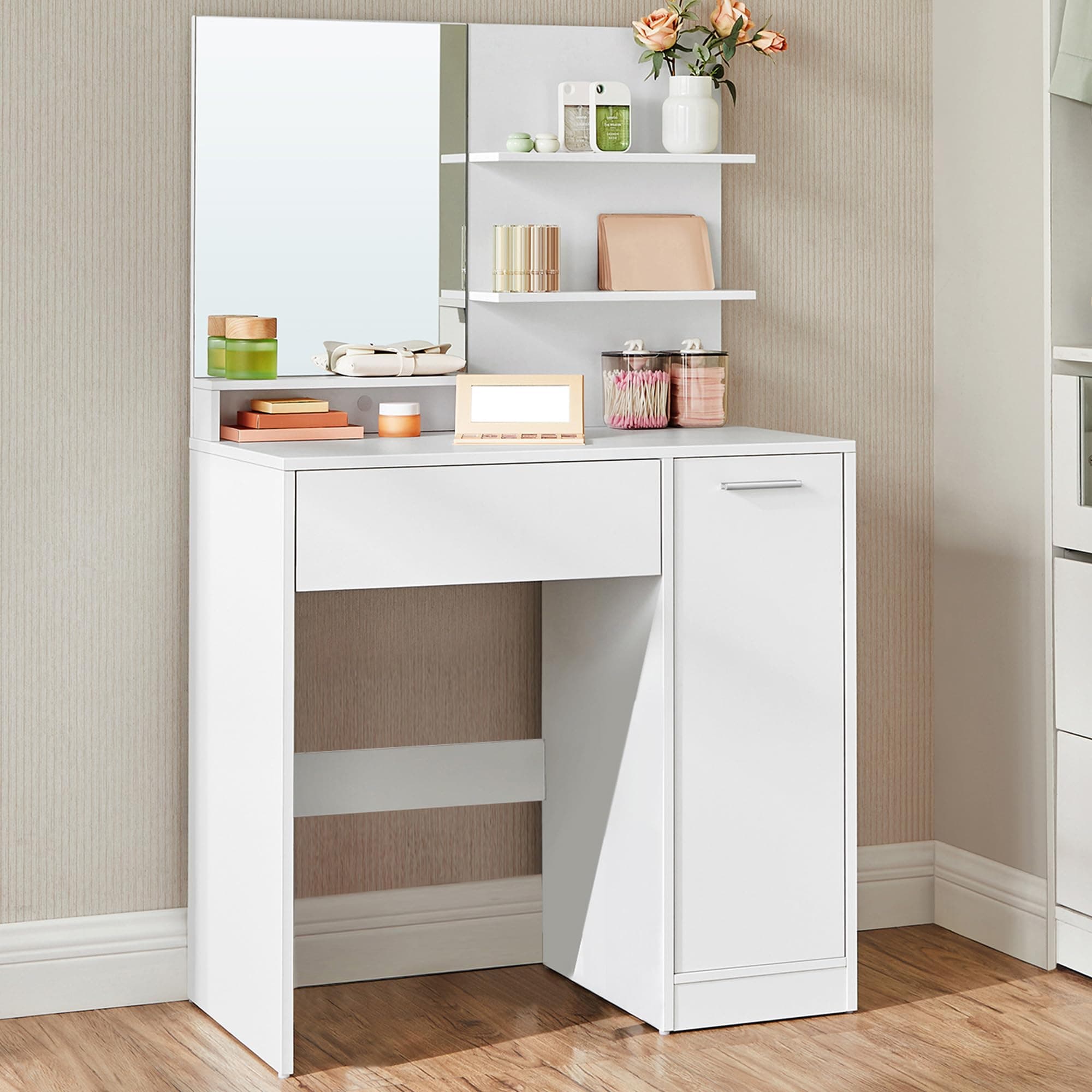 VASAGLE KAILYN Collection - Dressing Table, Vanity Table with Large Mirror, Adjustable Shelves, 1 Drawer, 2 Open Shelves, Modern Makeup Desk, White RDT119W01