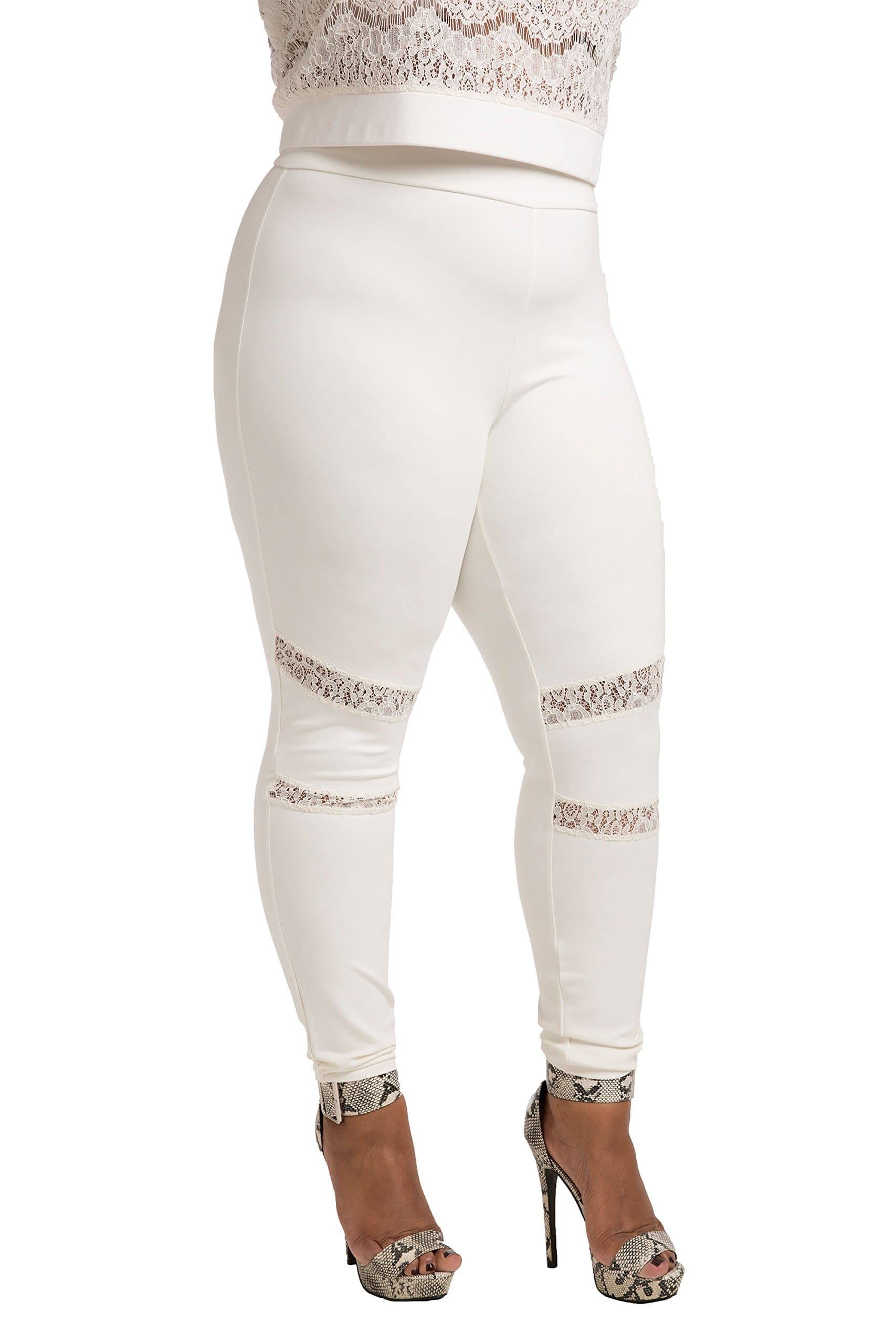 Poetic Justice Plus Size Curvy Women's Ivory Lace Insets Pull On Ponte Legging
